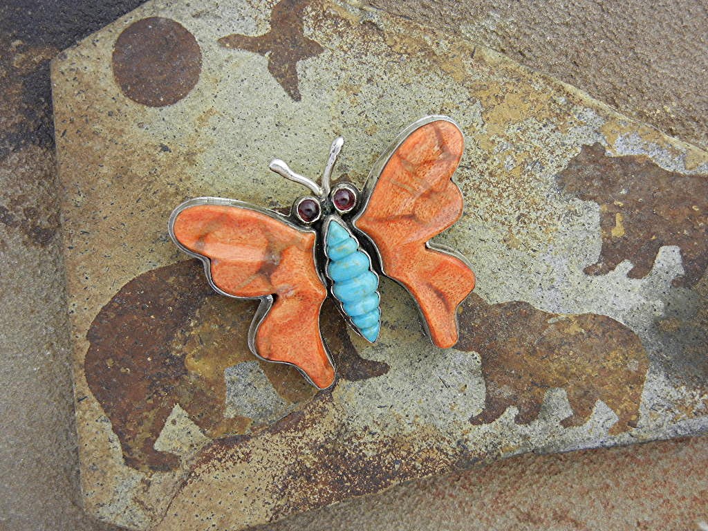 David Troutman  Coral Turquoise Sterling Silver Butterf