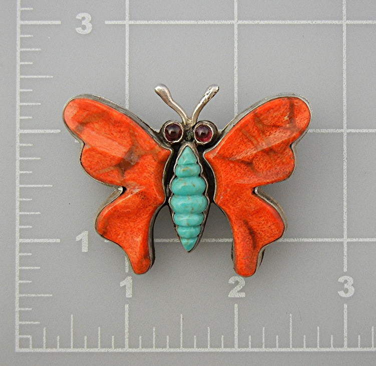 David Troutman  Coral Turquoise Sterling Silver Butterf