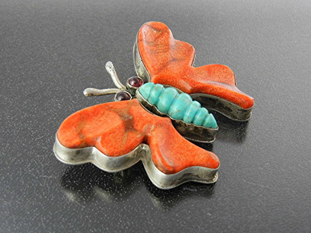 David Troutman  Coral Turquoise Sterling Silver Butterf