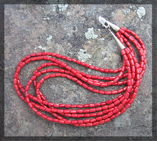 Navajo Coral 5 Strand Sterling Silver Necklace