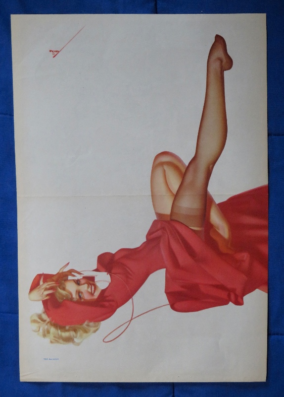 Original 1945 Sexy Pin Up Girl Wearing A Red Dress While Laying On Her Back While On The Telephone By George Petty