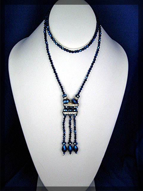 Necklace Blue White Crystals with Teardrop Tassle .....