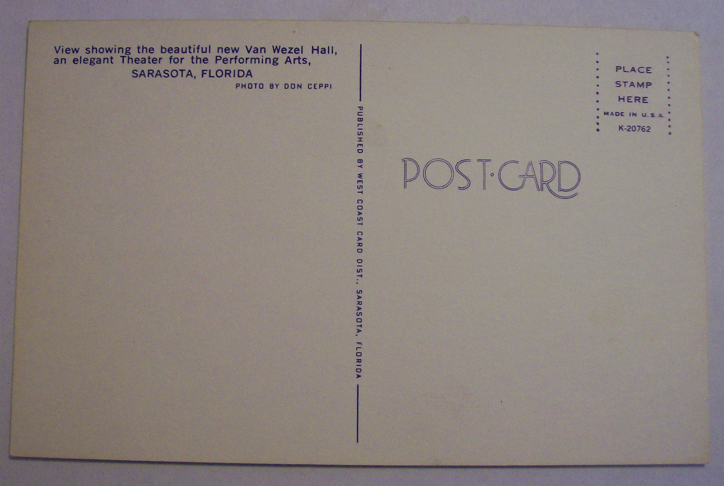 Van Wezel Hall, Sarasota, Florida Postcard