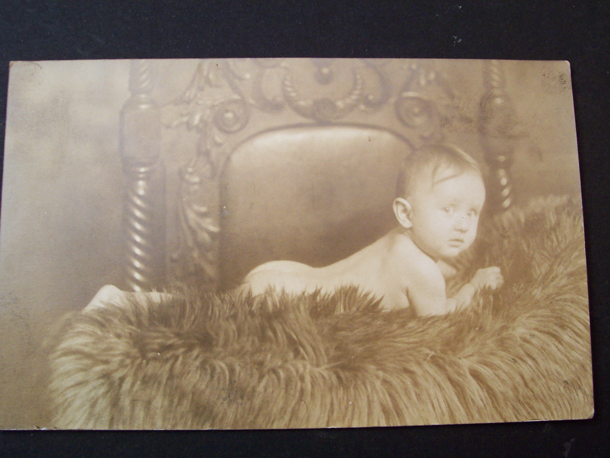 Vintage Picture Postcard-1910's Bare Baby on a Fur