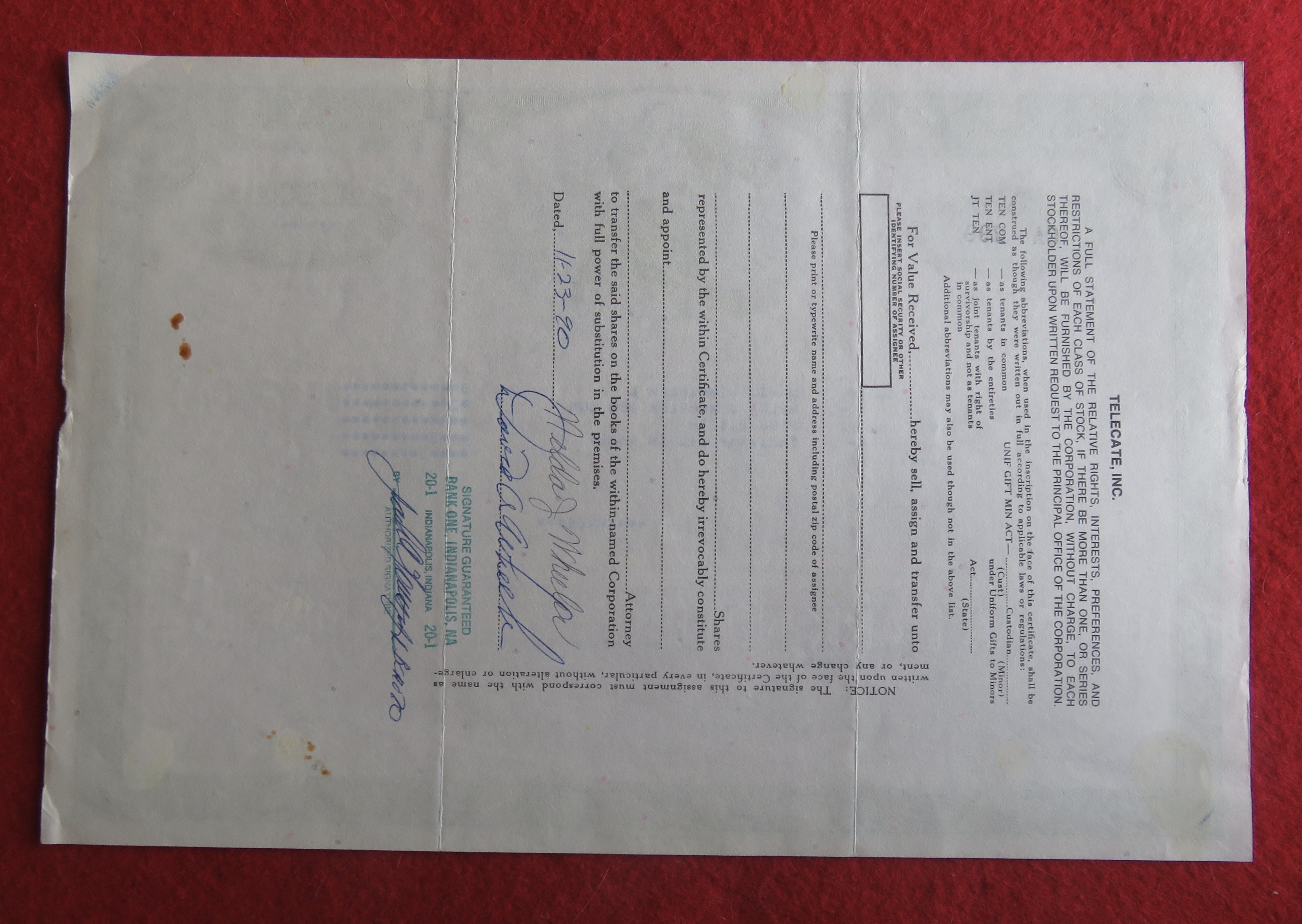 1985 Telecate Incorporated Stock Certificate