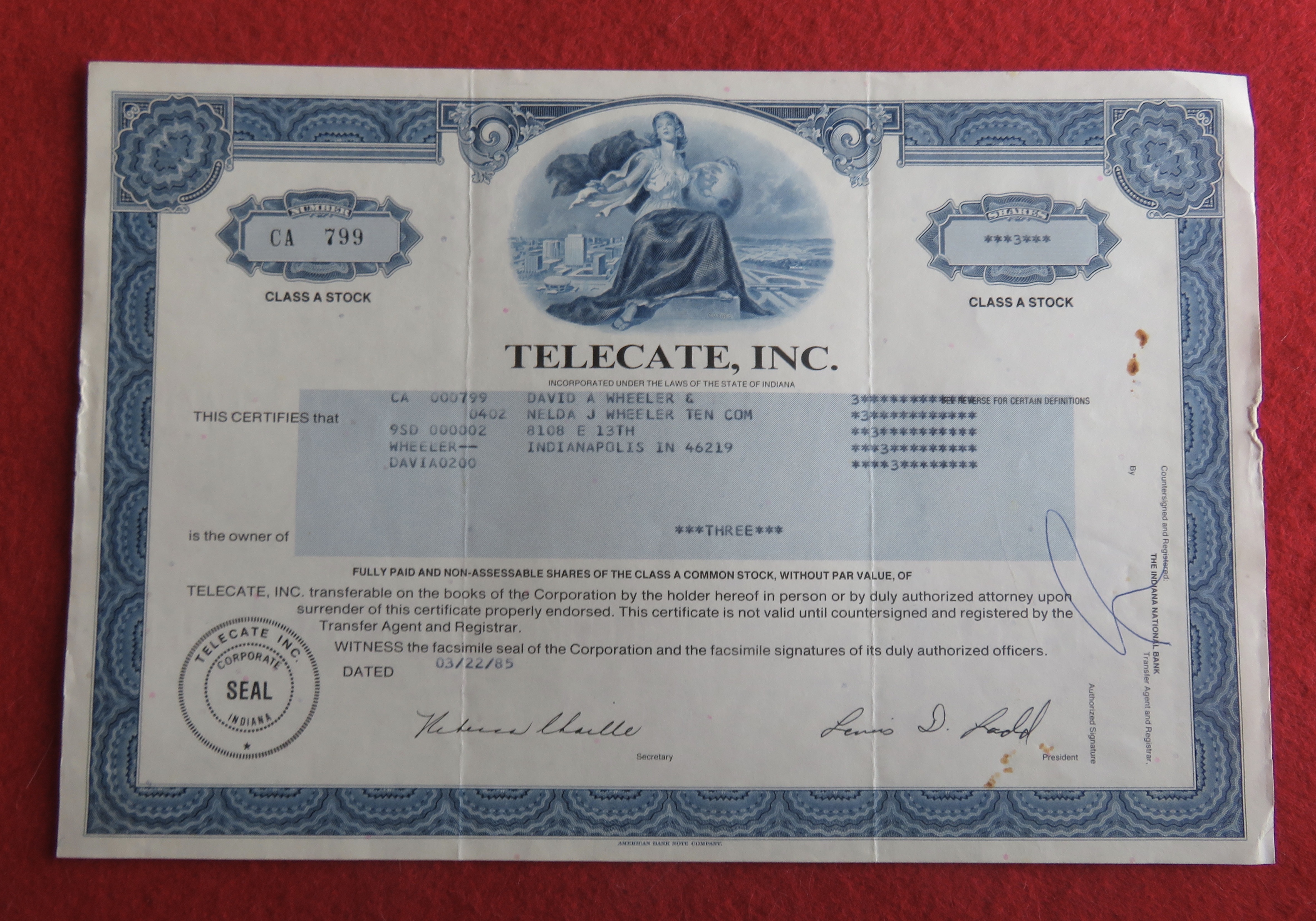 1985 Telecate Incorporated Stock Certificate