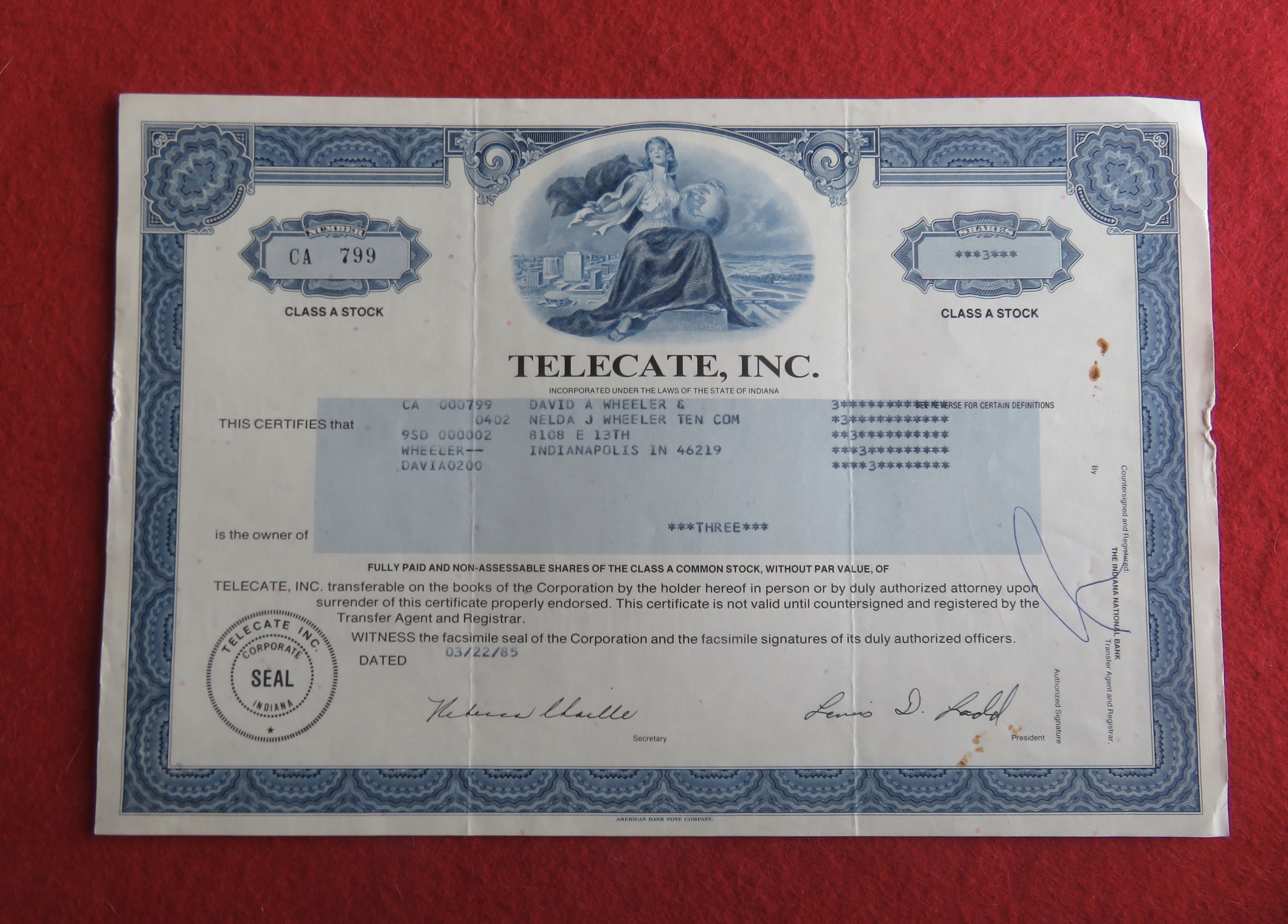 1985 Telecate Incorporated Stock Certificate