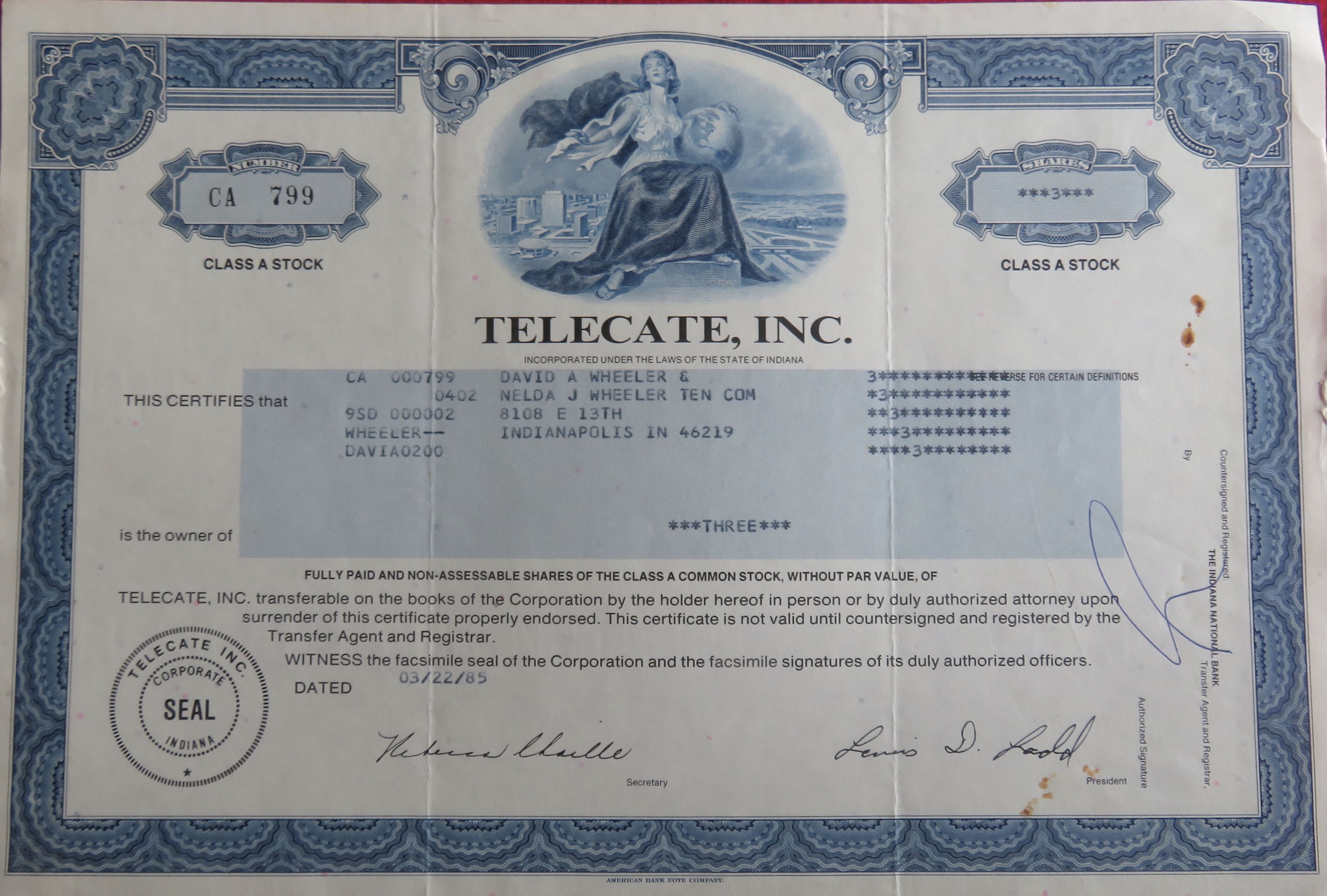 1985 Telecate Incorporated Stock Certificate