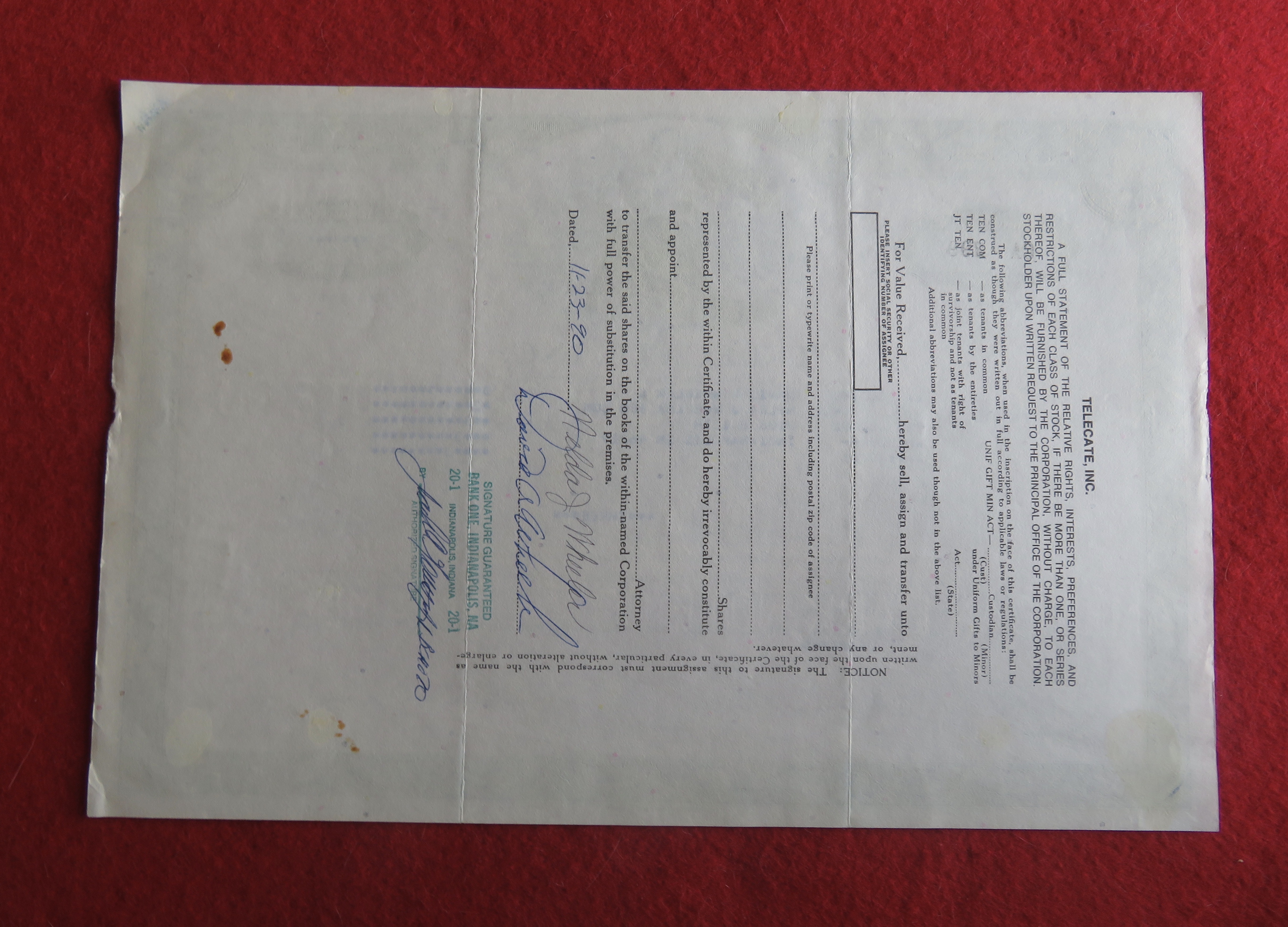 1985 Telecate Incorporated Stock Certificate