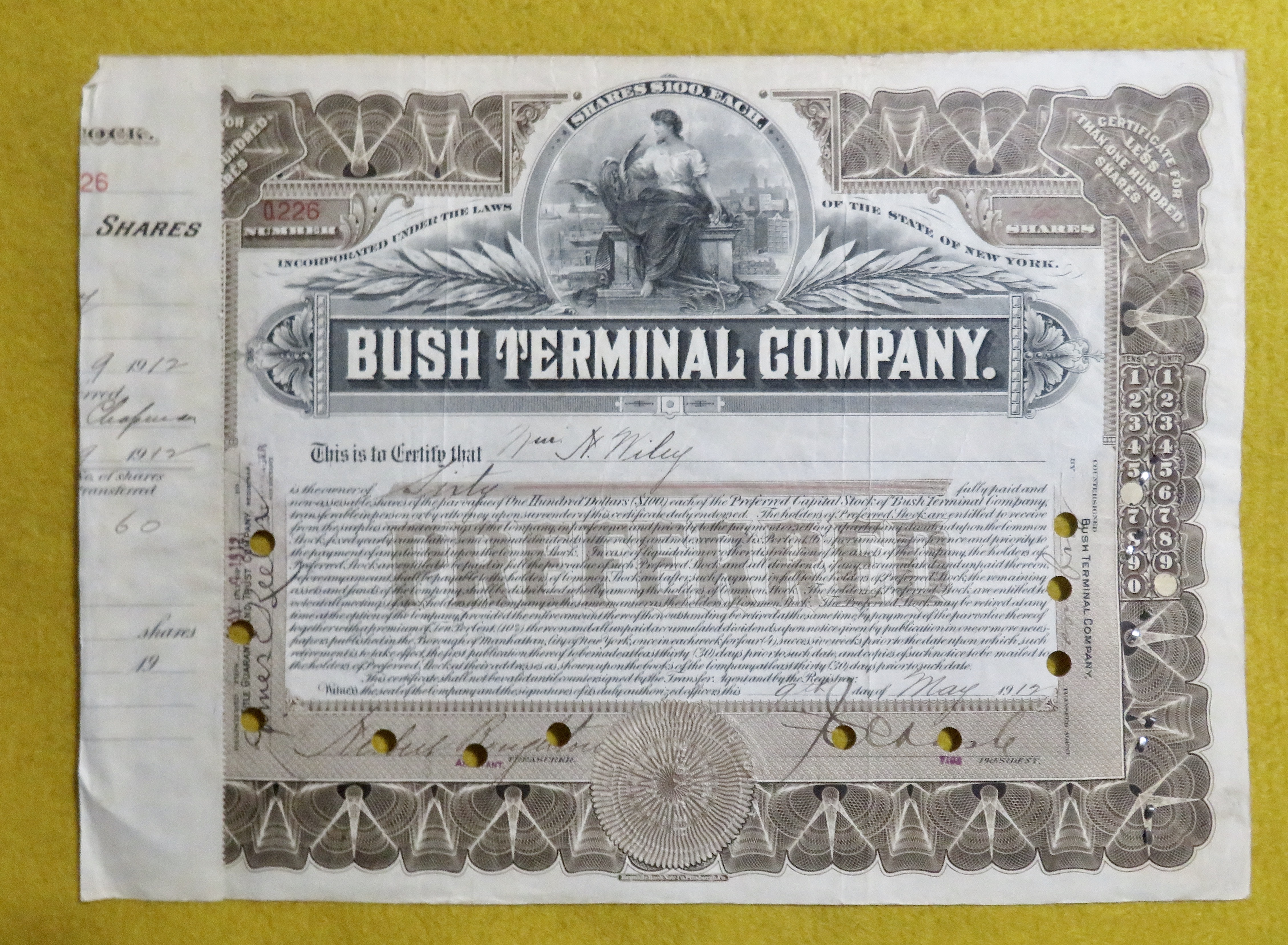 Bush Terminal Company Stock Certificate May 9, 1912