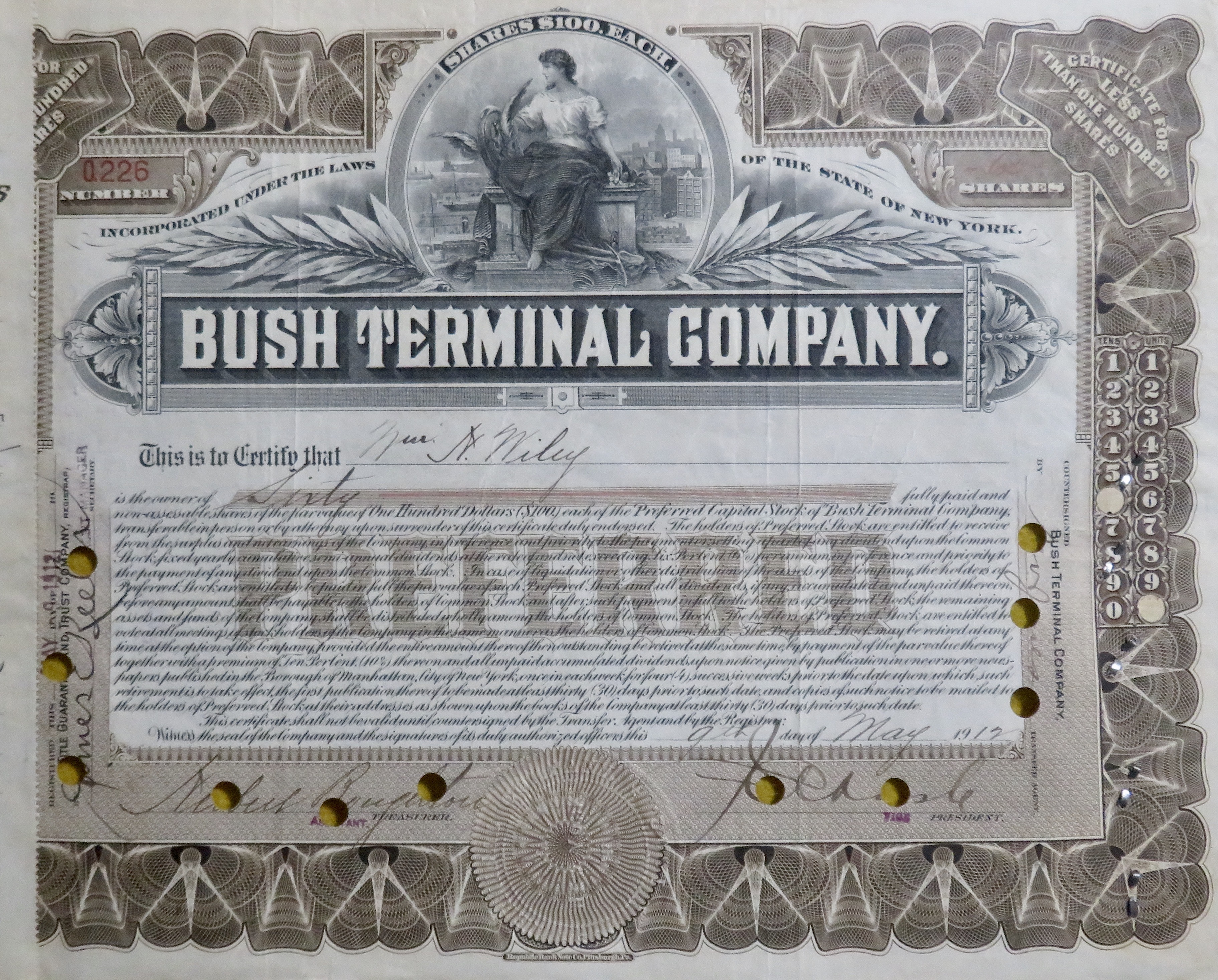 Bush Terminal Company Stock Certificate May 9, 1912