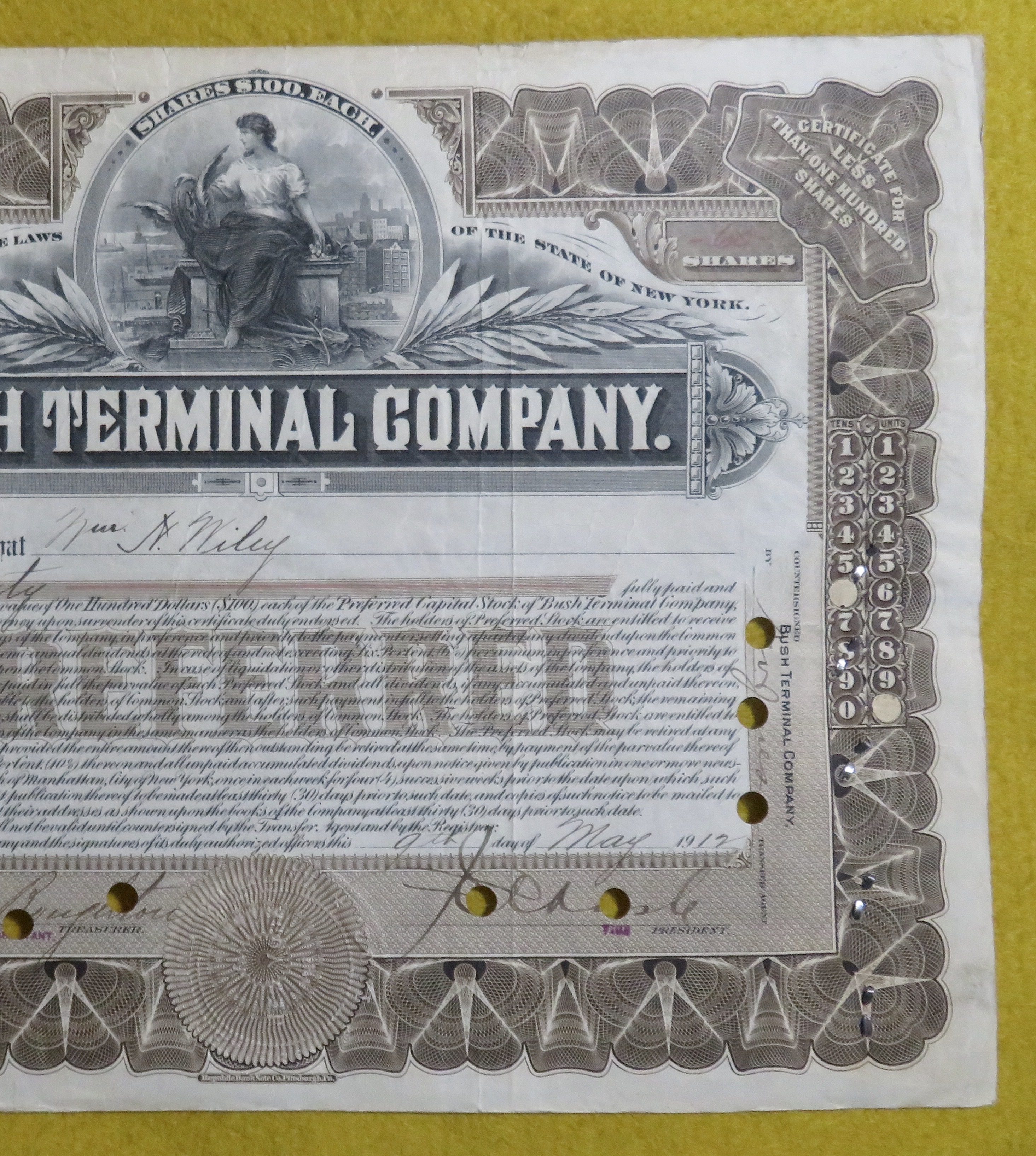 Bush Terminal Company Stock Certificate May 9, 1912
