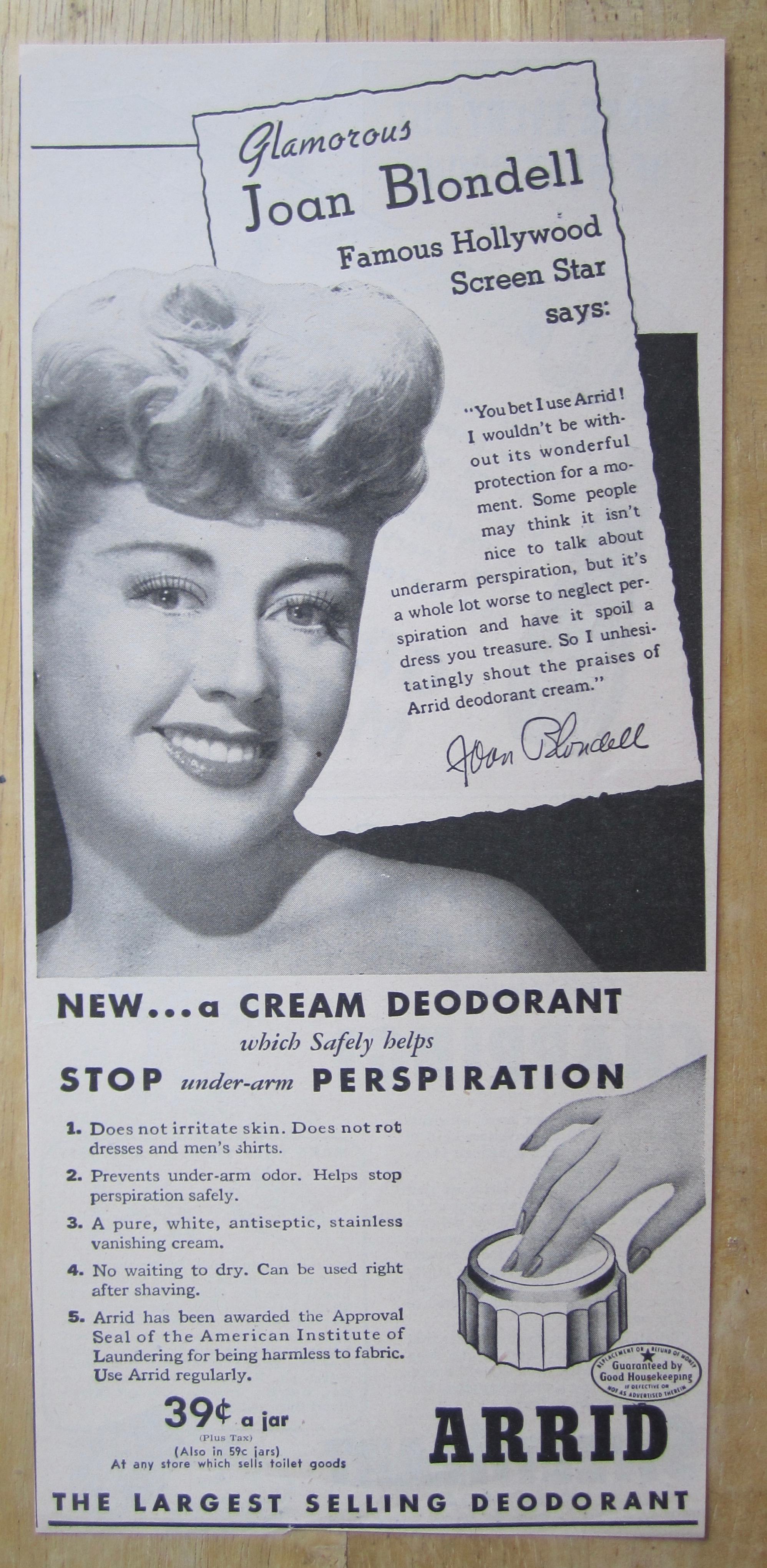 1945 Arrid Deodorant with Screen Star Joan Blondell