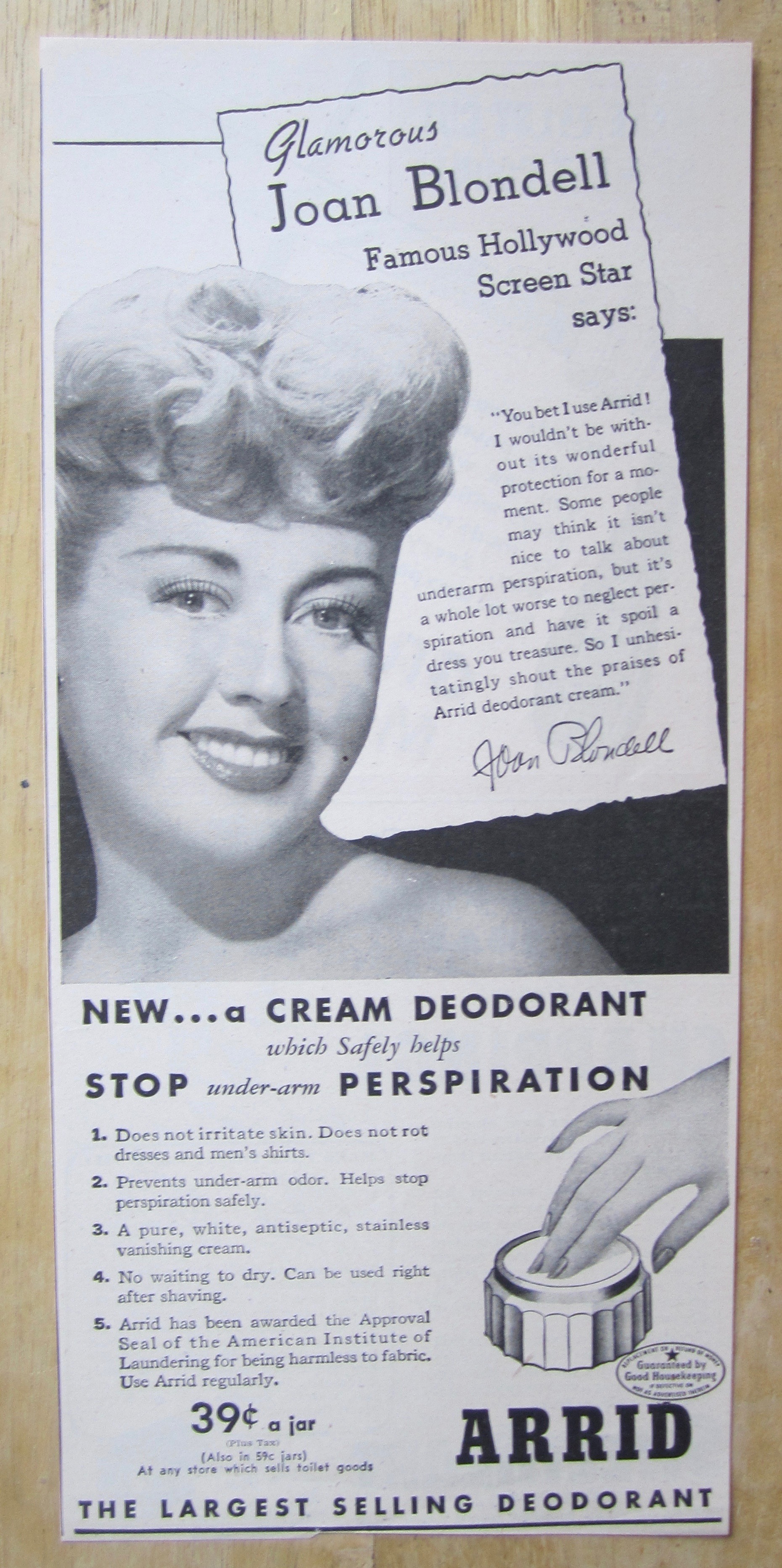1945 Arrid Deodorant with Screen Star Joan Blondell