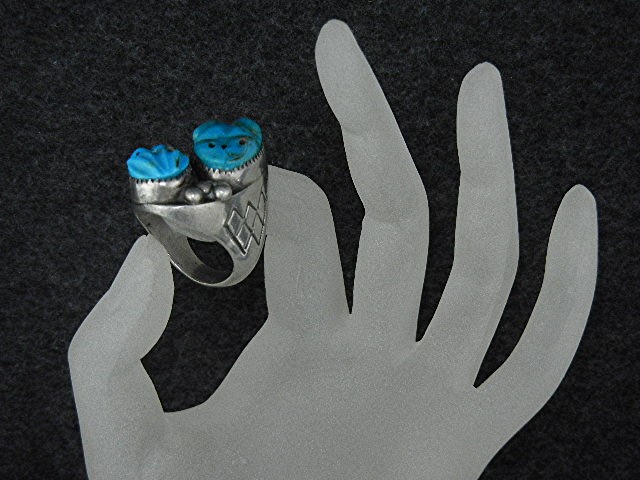 Native American Carved Turquoise Sterling Silver Frogs