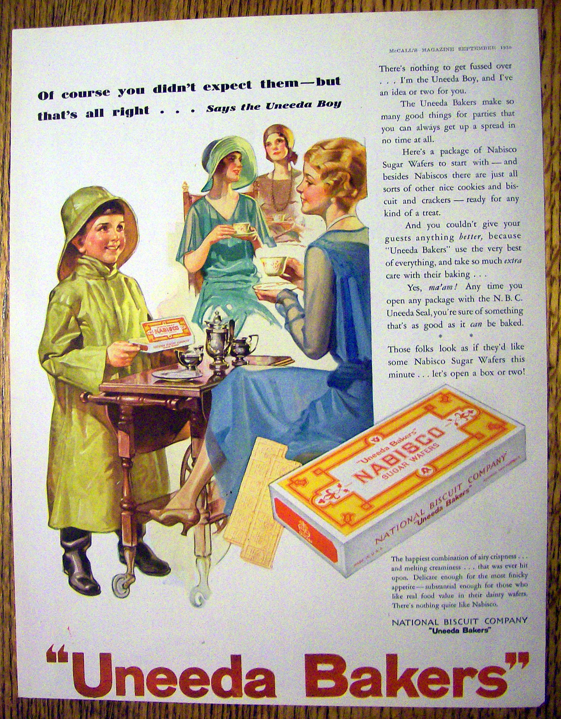 1930 Uneeda Bakers w/Boy in Raincoat & Woman