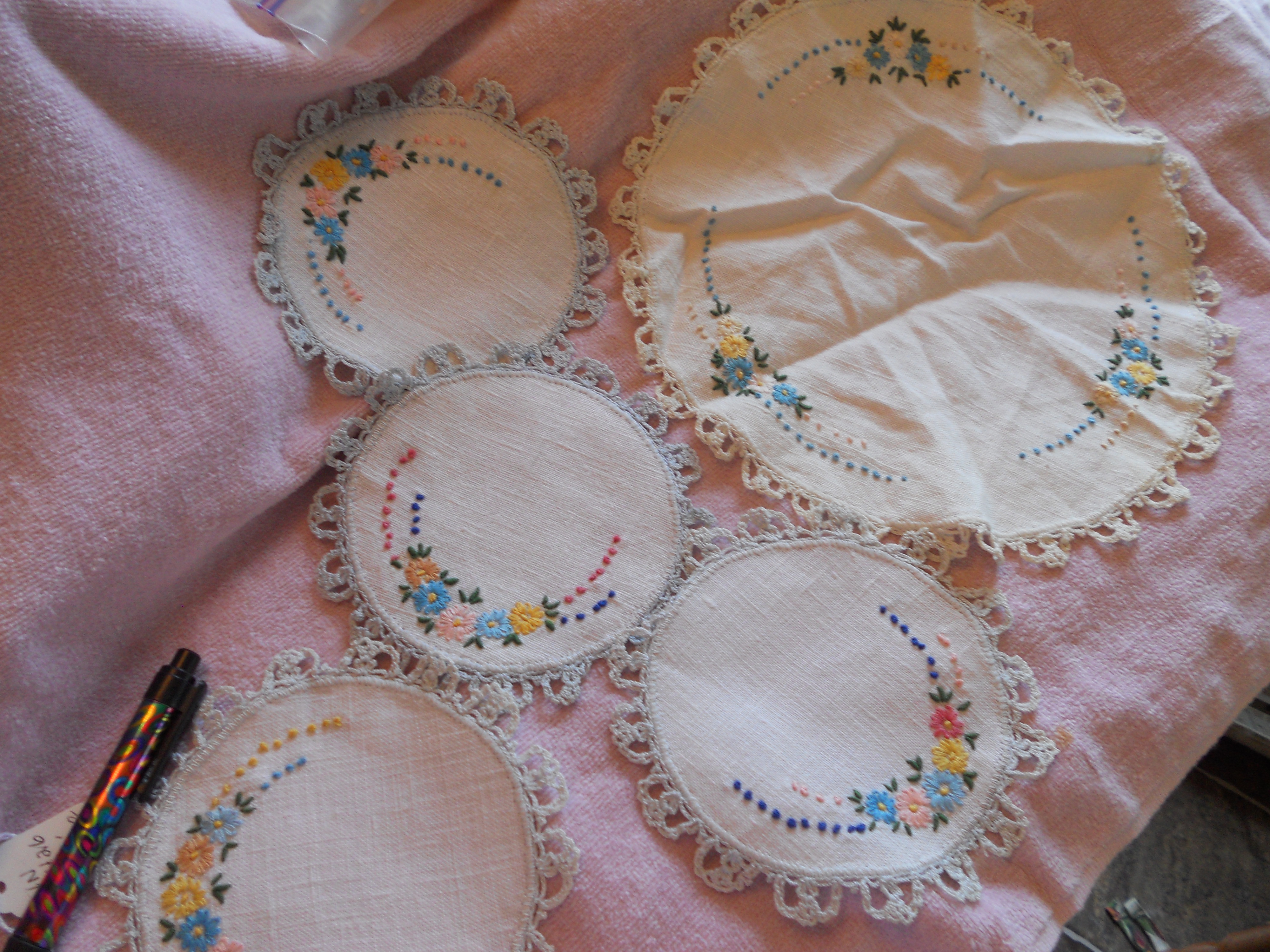 Linen Doilies Hand Made Set of 5 Matching