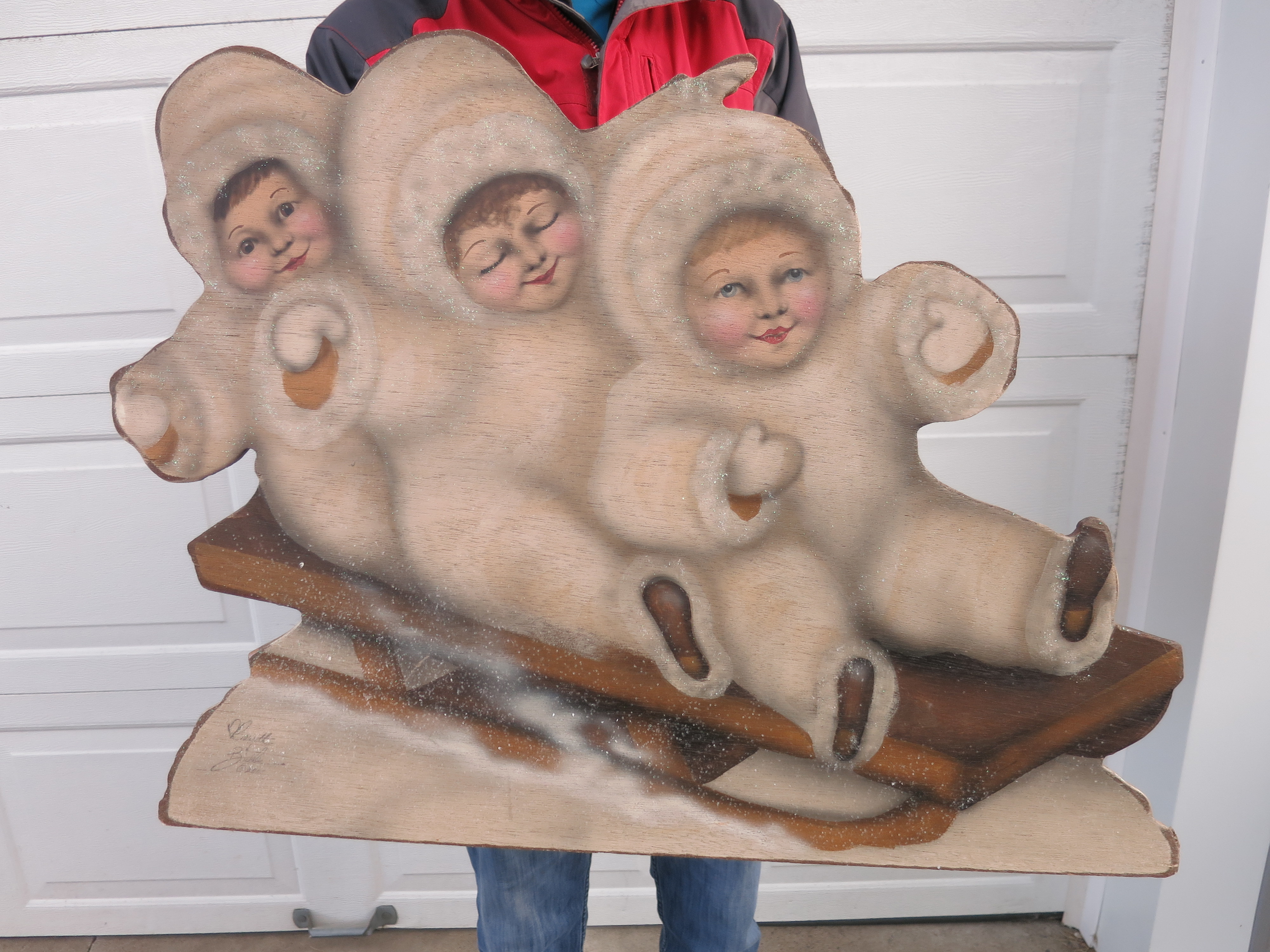 Snowbabies Babies Baby on Sled Painting on Board signed 2001