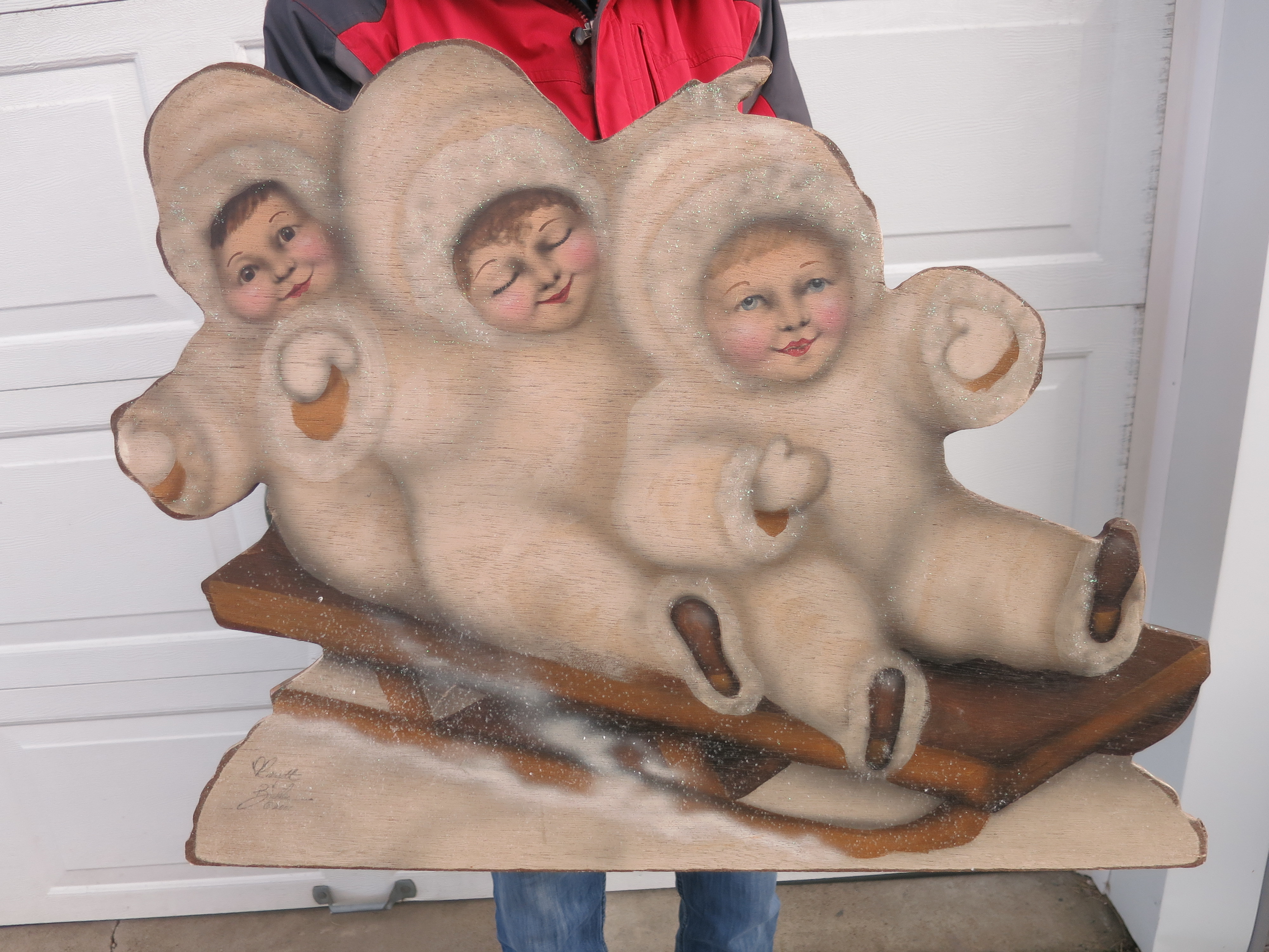 Snowbabies Babies Baby on Sled Painting on Board signed 2001
