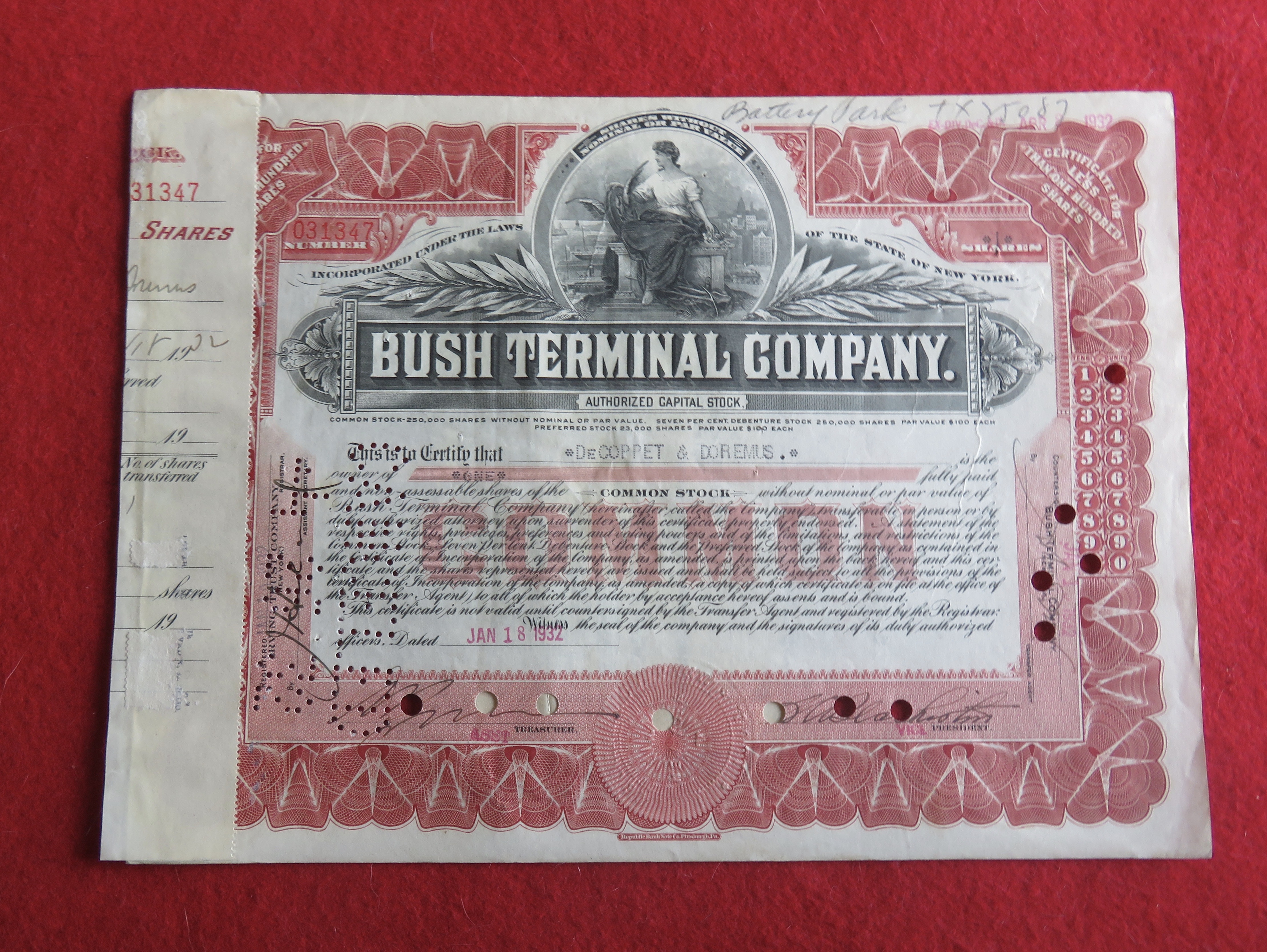 1932 Bush Terminal Company Stock Certificate