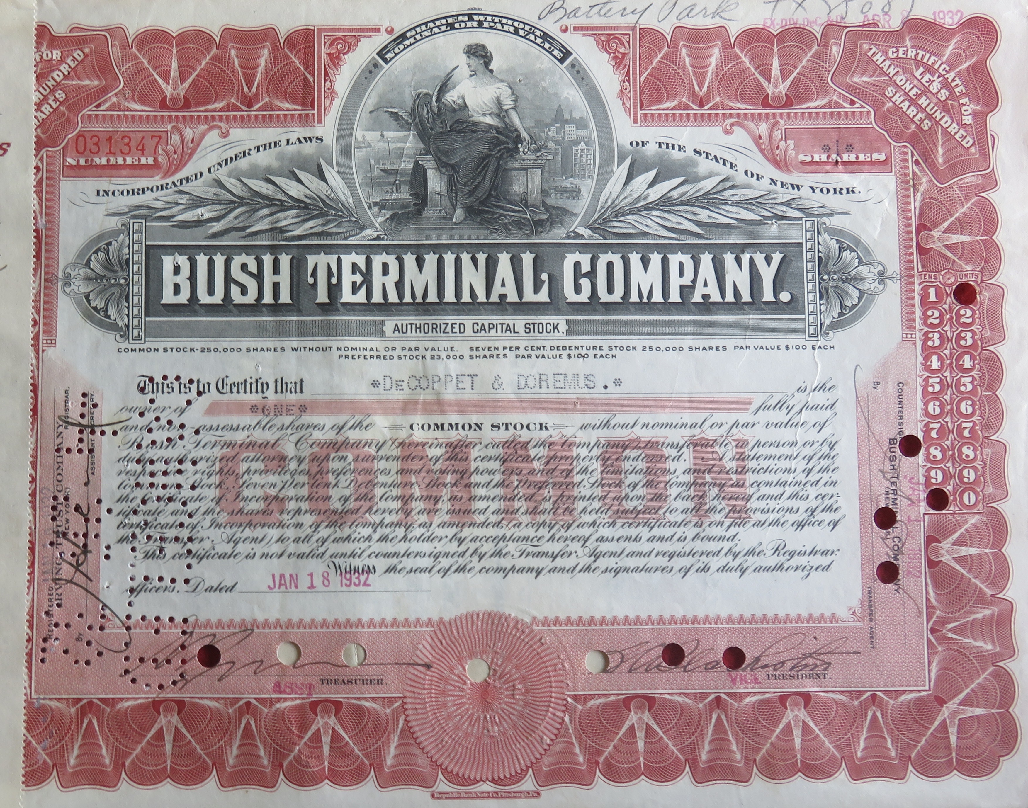 1932 Bush Terminal Company Stock Certificate