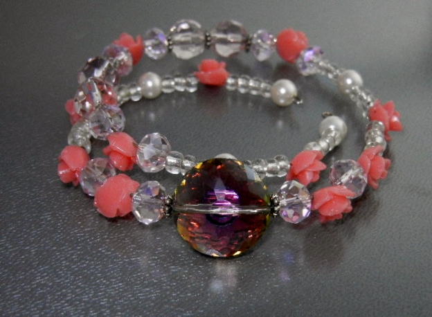 Coral Carved Flowers Crystal Pearls Artist Bracelet