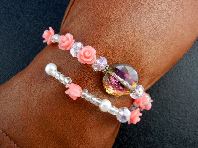 Coral Carved Flowers Crystal Pearls Artist Bracelet