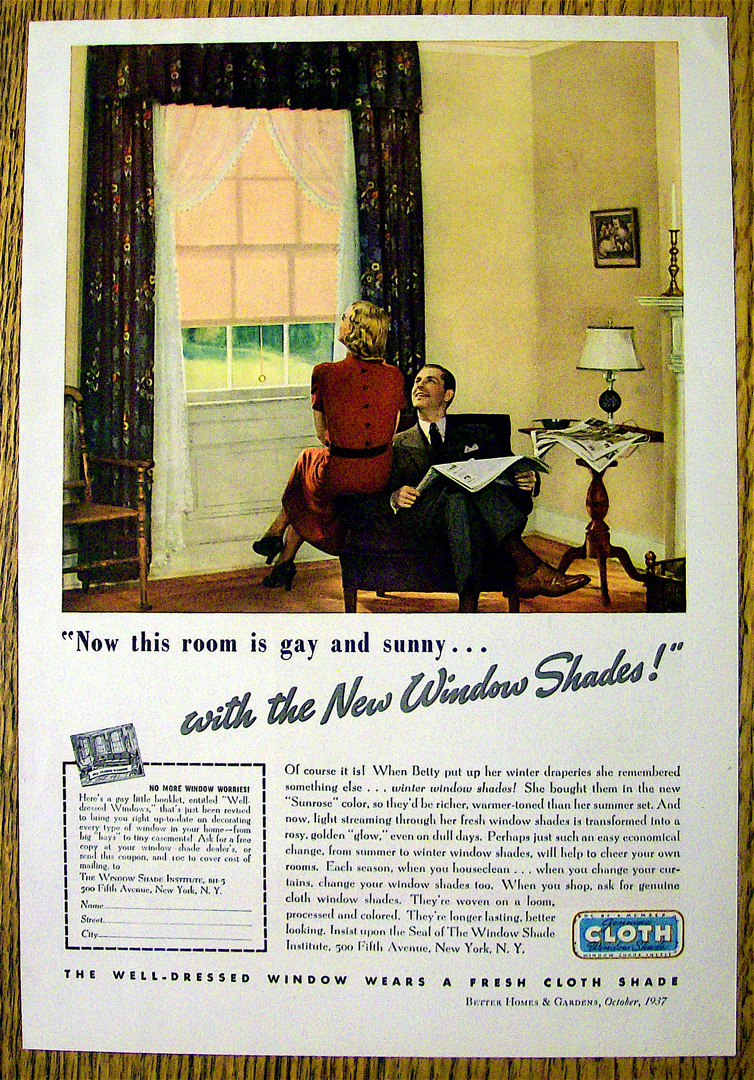 1937 Cloth Window Shade with Woman Looking at Window