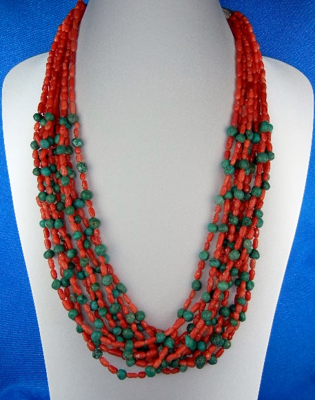 Mediterranean Coral Turquoise Sterling Silver 10 Strand
