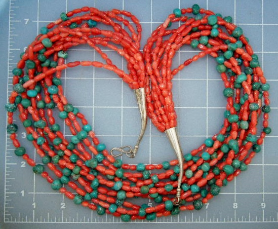 Mediterranean Coral Turquoise Sterling Silver 10 Strand