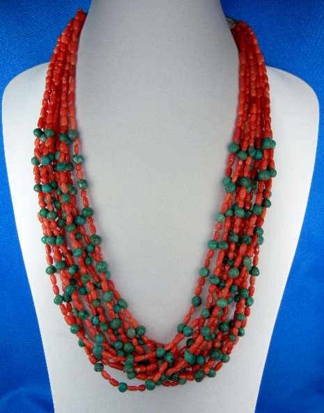 Mediterranean Coral Turquoise Sterling Silver 10 Strand