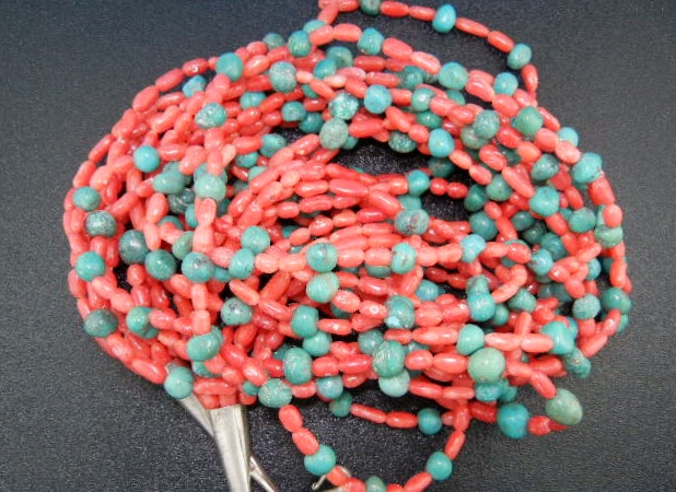 Mediterranean Coral Turquoise Sterling Silver 10 Strand
