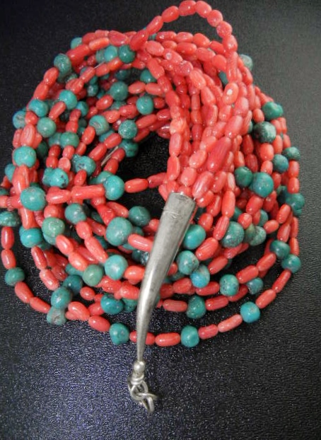 Mediterranean Coral Turquoise Sterling Silver 10 Strand