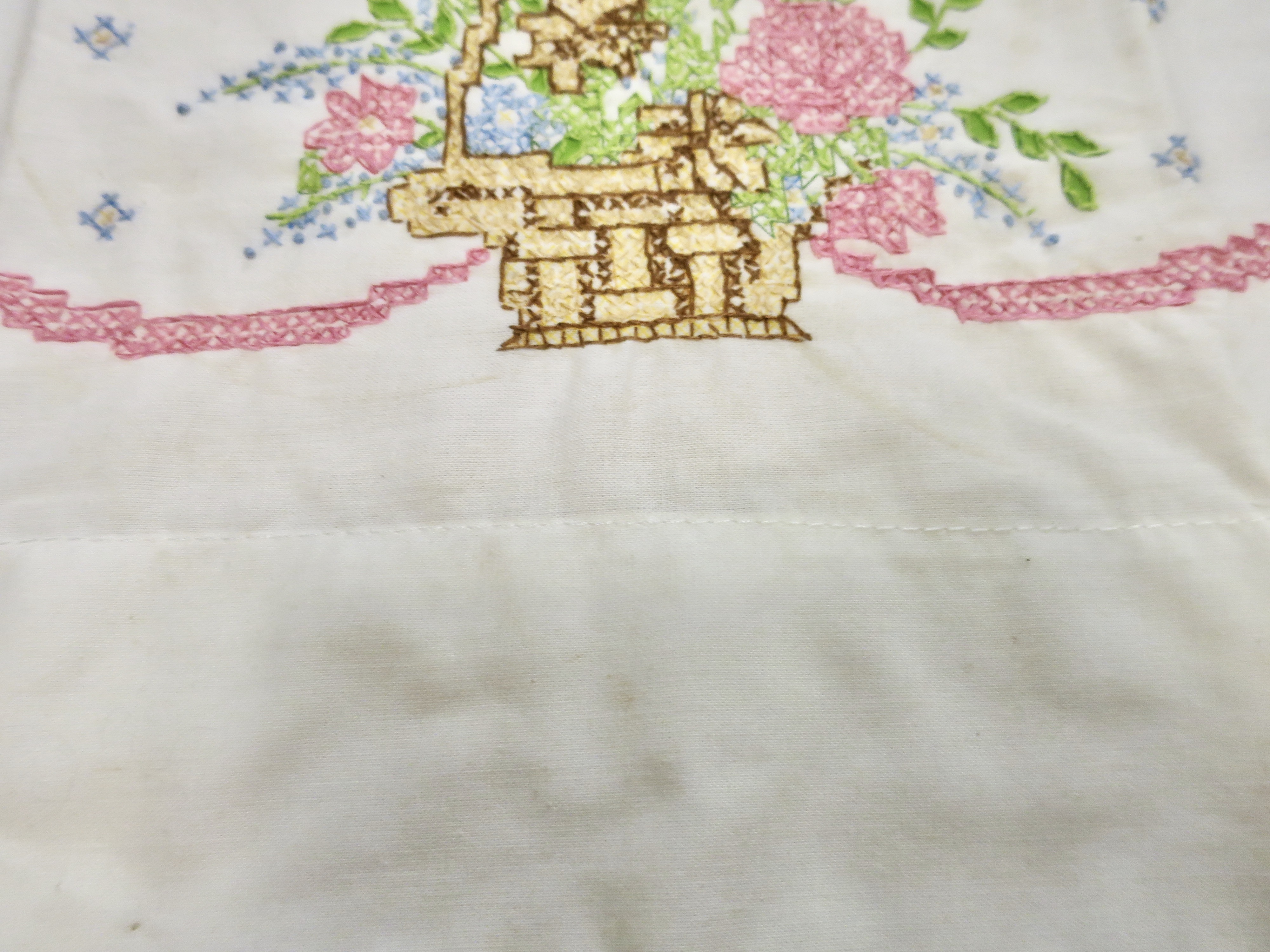 Vintage Embroidered Pilowcase set of 2 Flower Basket