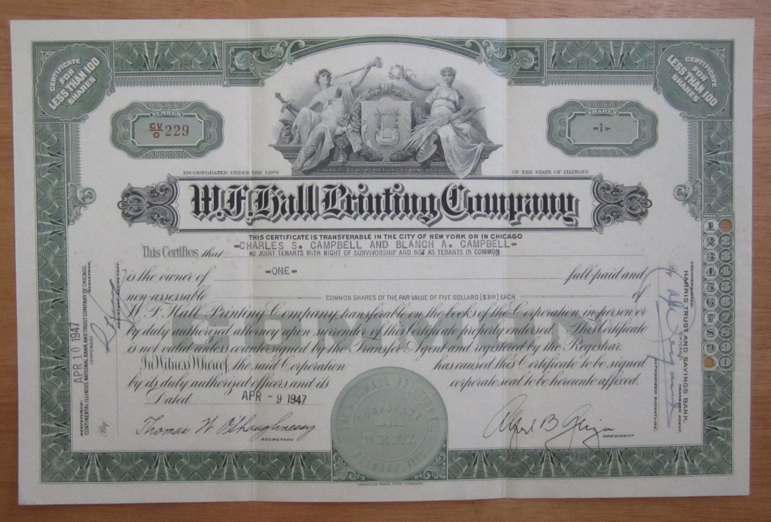 1947 W. F. Hall Printing Company Stock Certificate