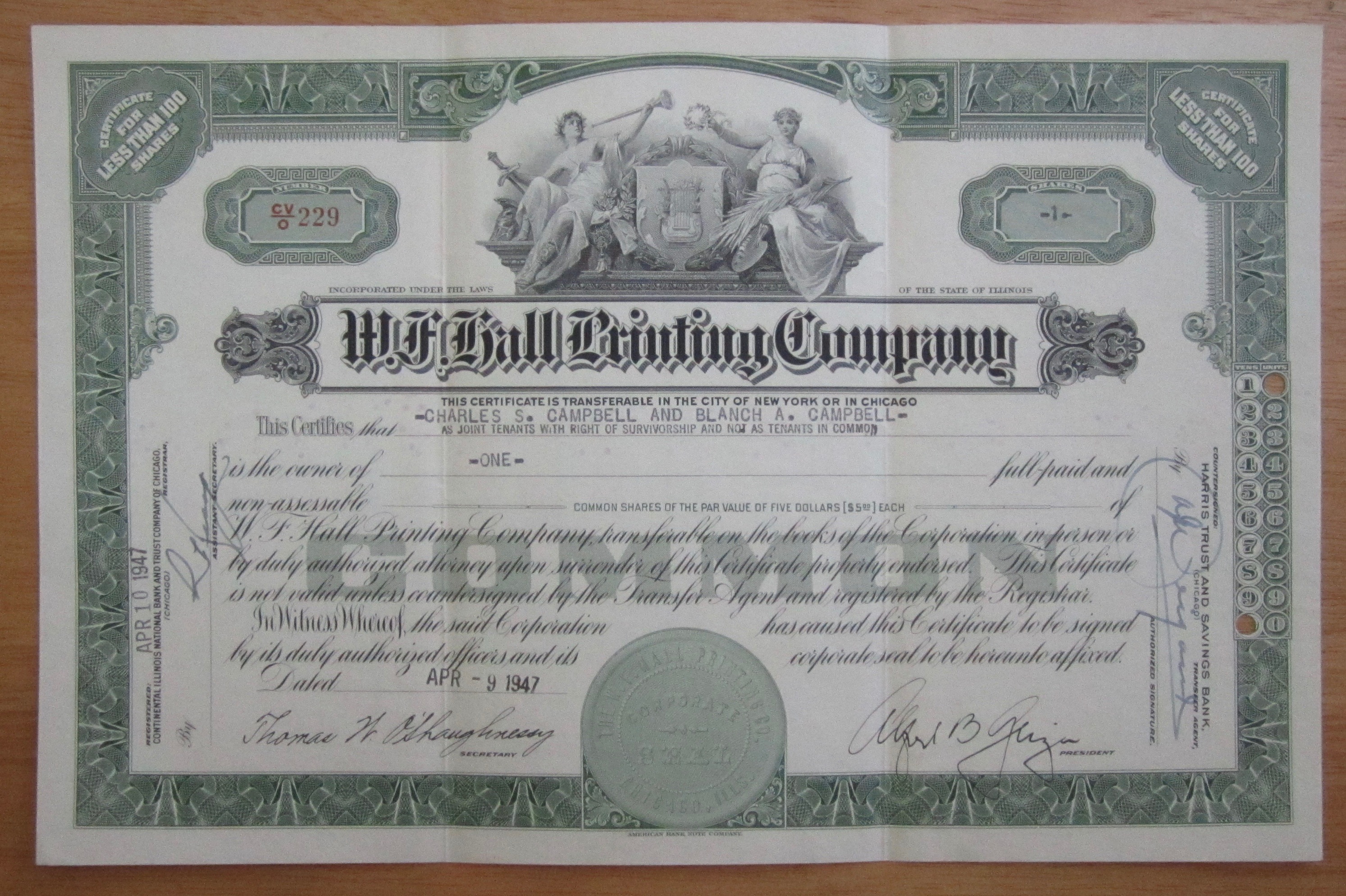 1947 W. F. Hall Printing Company Stock Certificate