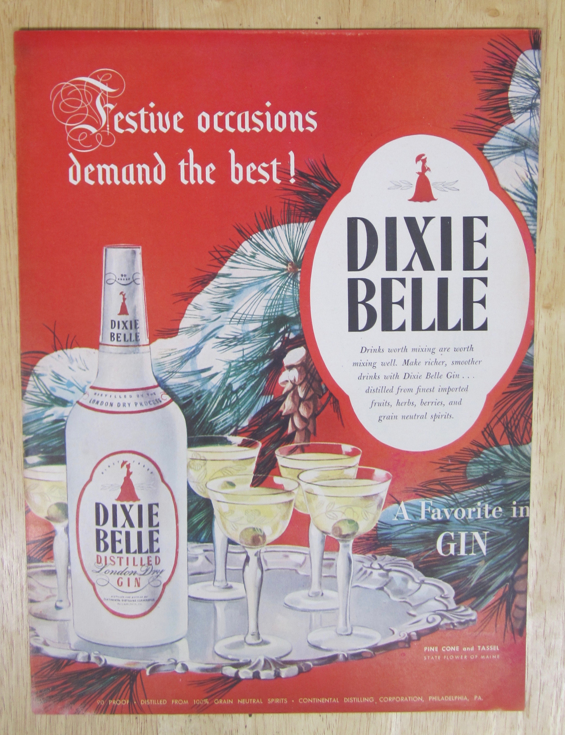 1947 Dixie Belle Dry Gin with Bottle & Glasses on Tray