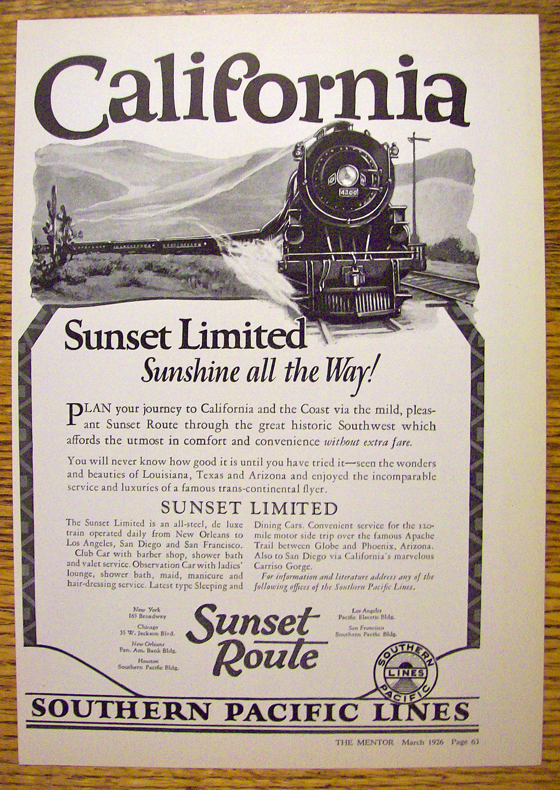 1926 Southern Pacific Lines with Sunset Route