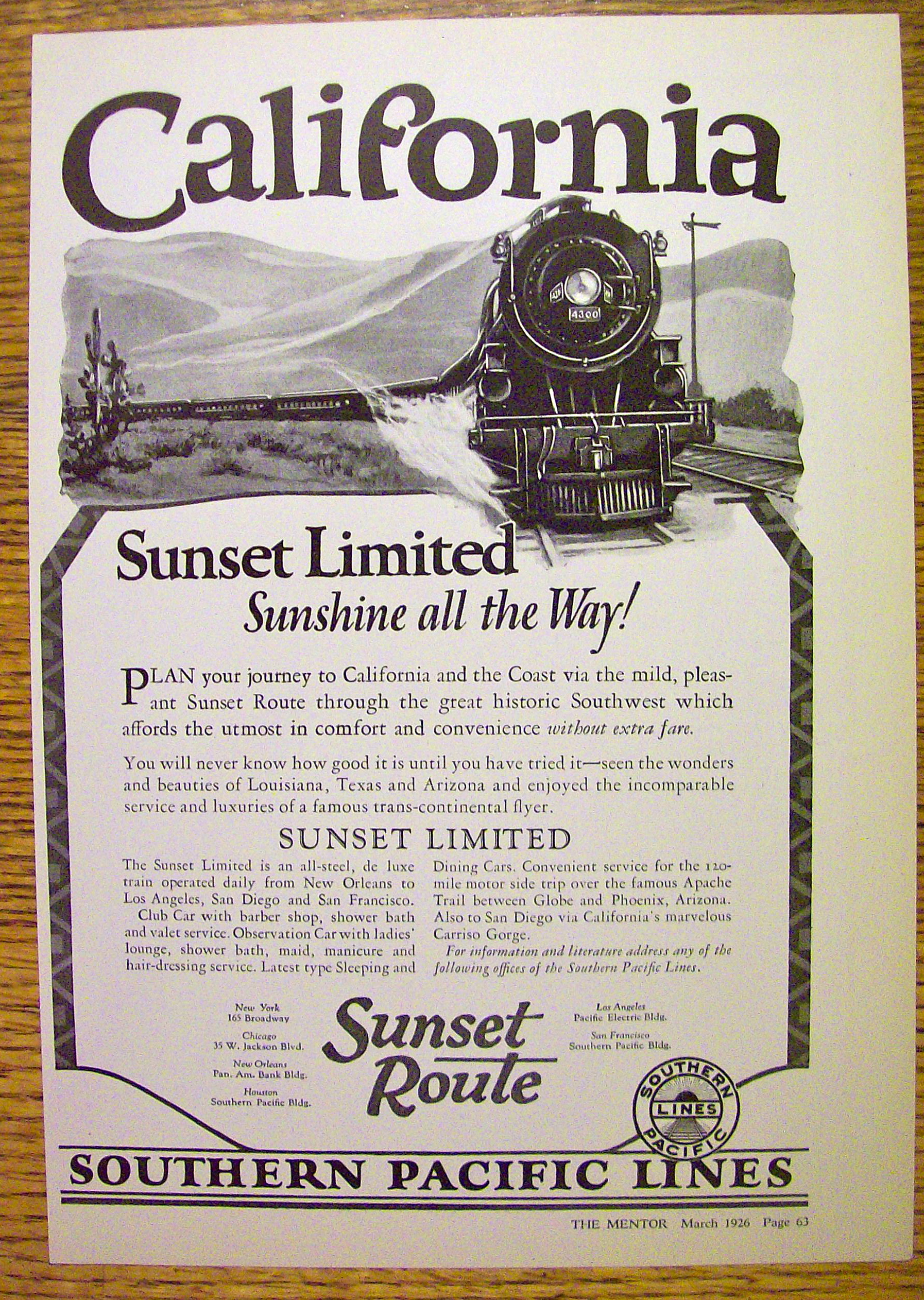 1926 Southern Pacific Lines with Sunset Route