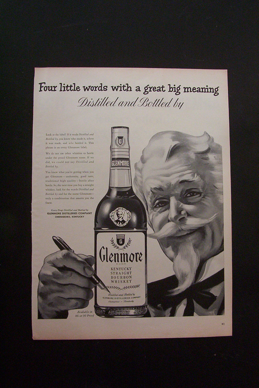 1950's Glenmore Whiskey with Man Pointing Pen At Bottle