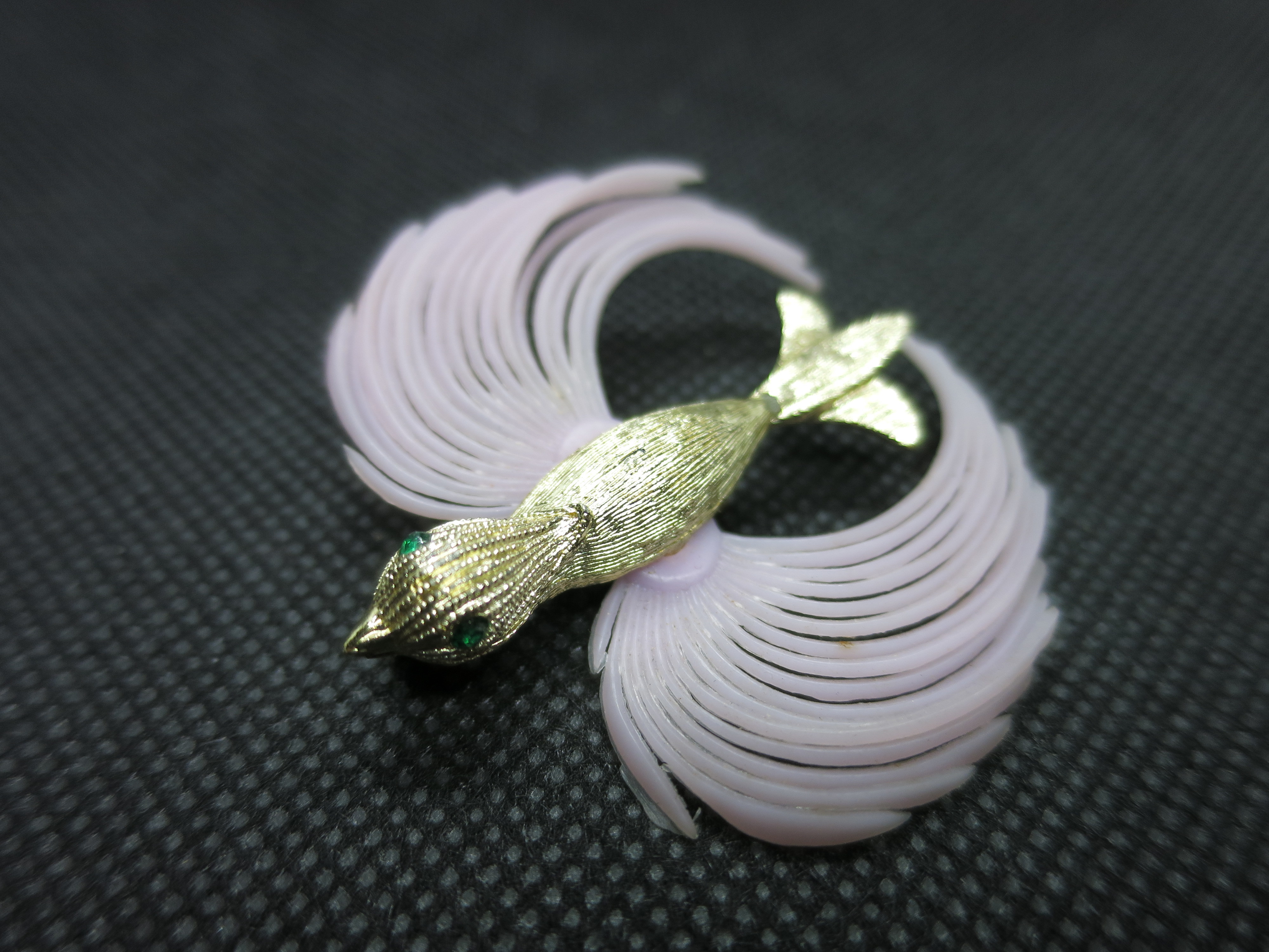 Bird Pin Gold Tone with Green Rhinestone Eyes Pink Plastic Wings