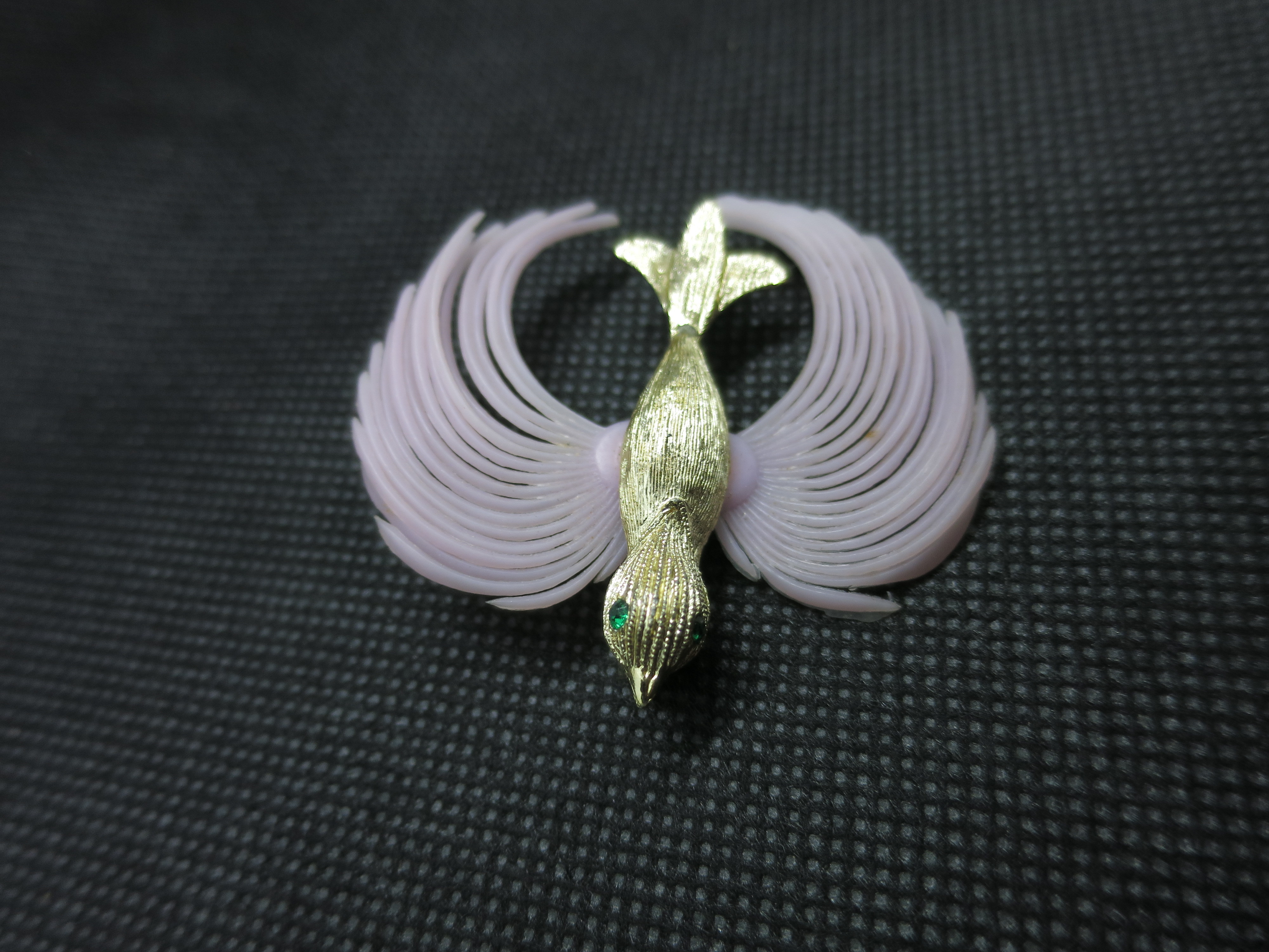 Bird Pin Gold Tone with Green Rhinestone Eyes Pink Plastic Wings