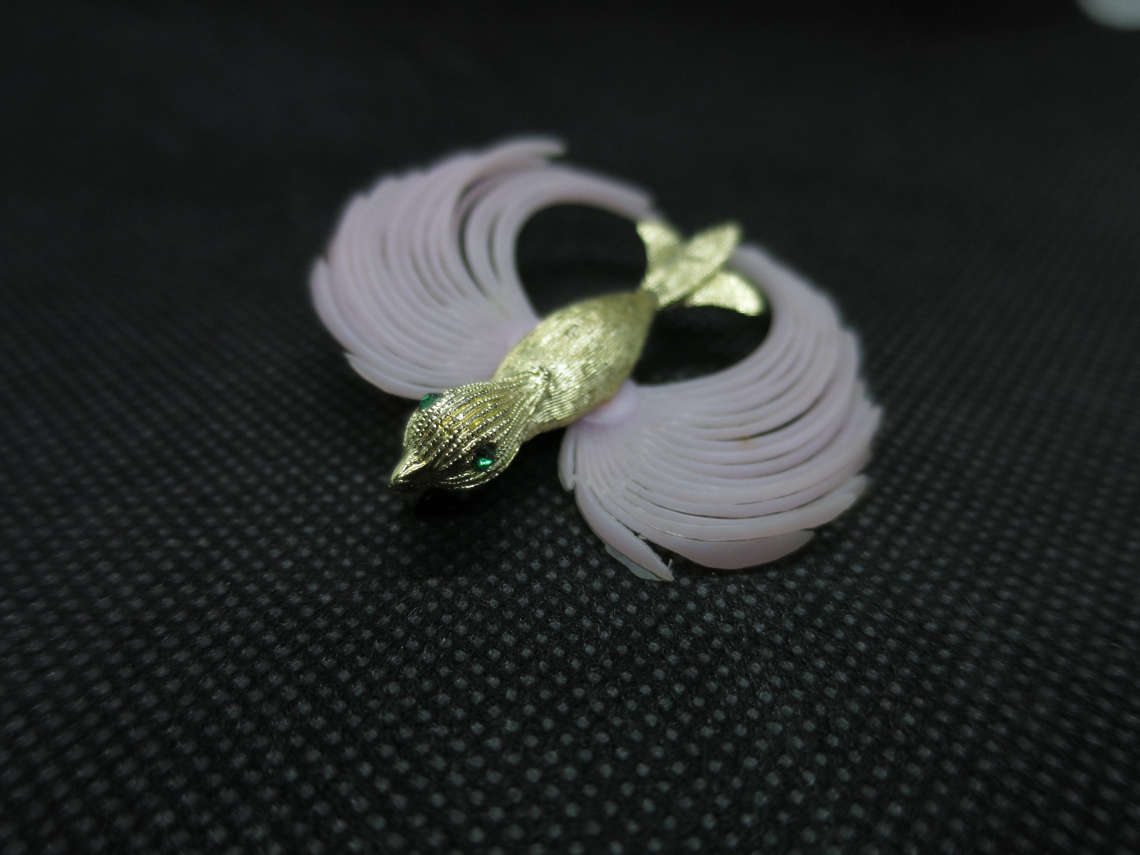 Bird Pin Gold Tone with Green Rhinestone Eyes Pink Plastic Wings