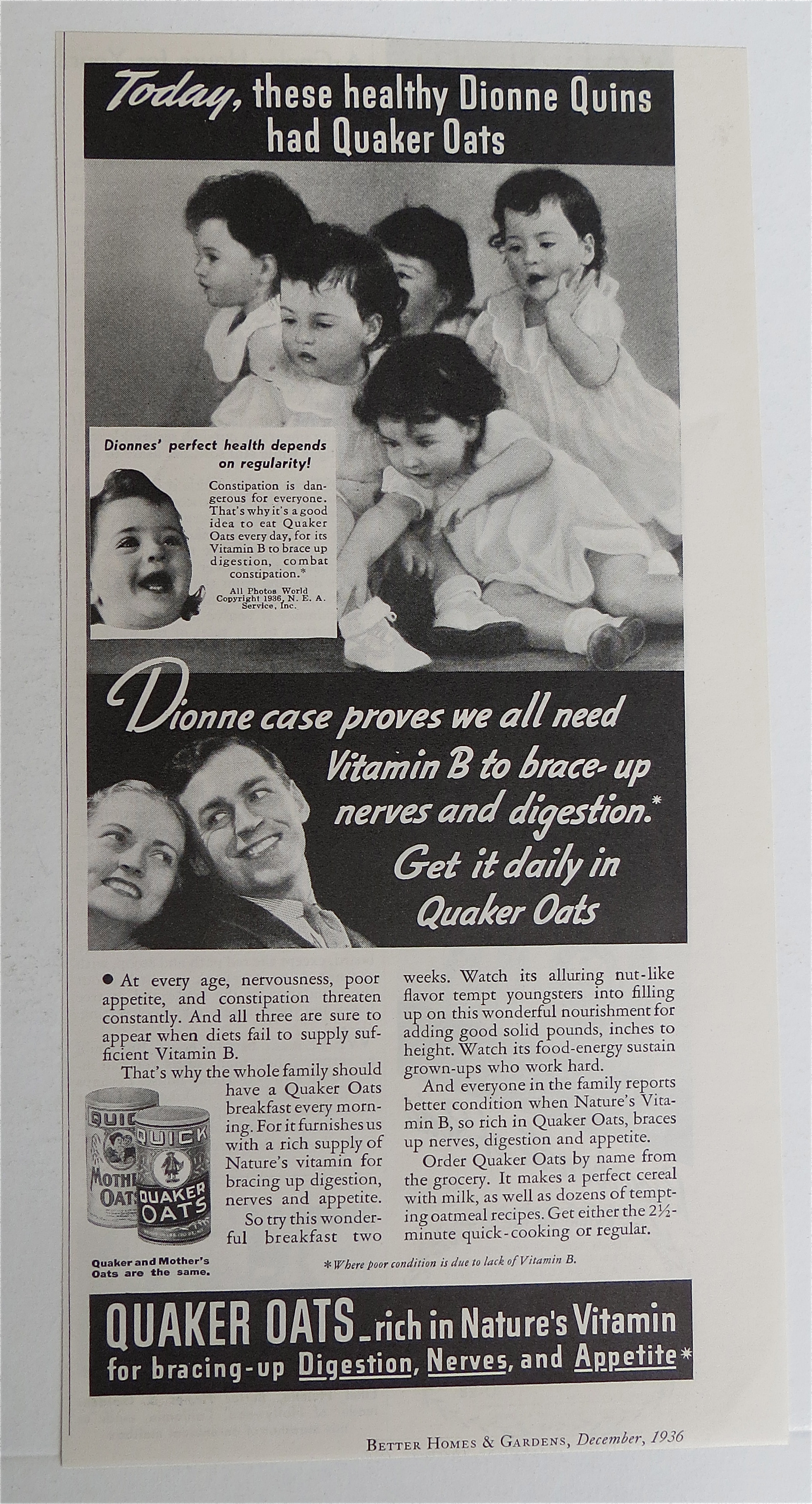 1936 Quick Quaker Oats Cereal with Dionne Quintuplets