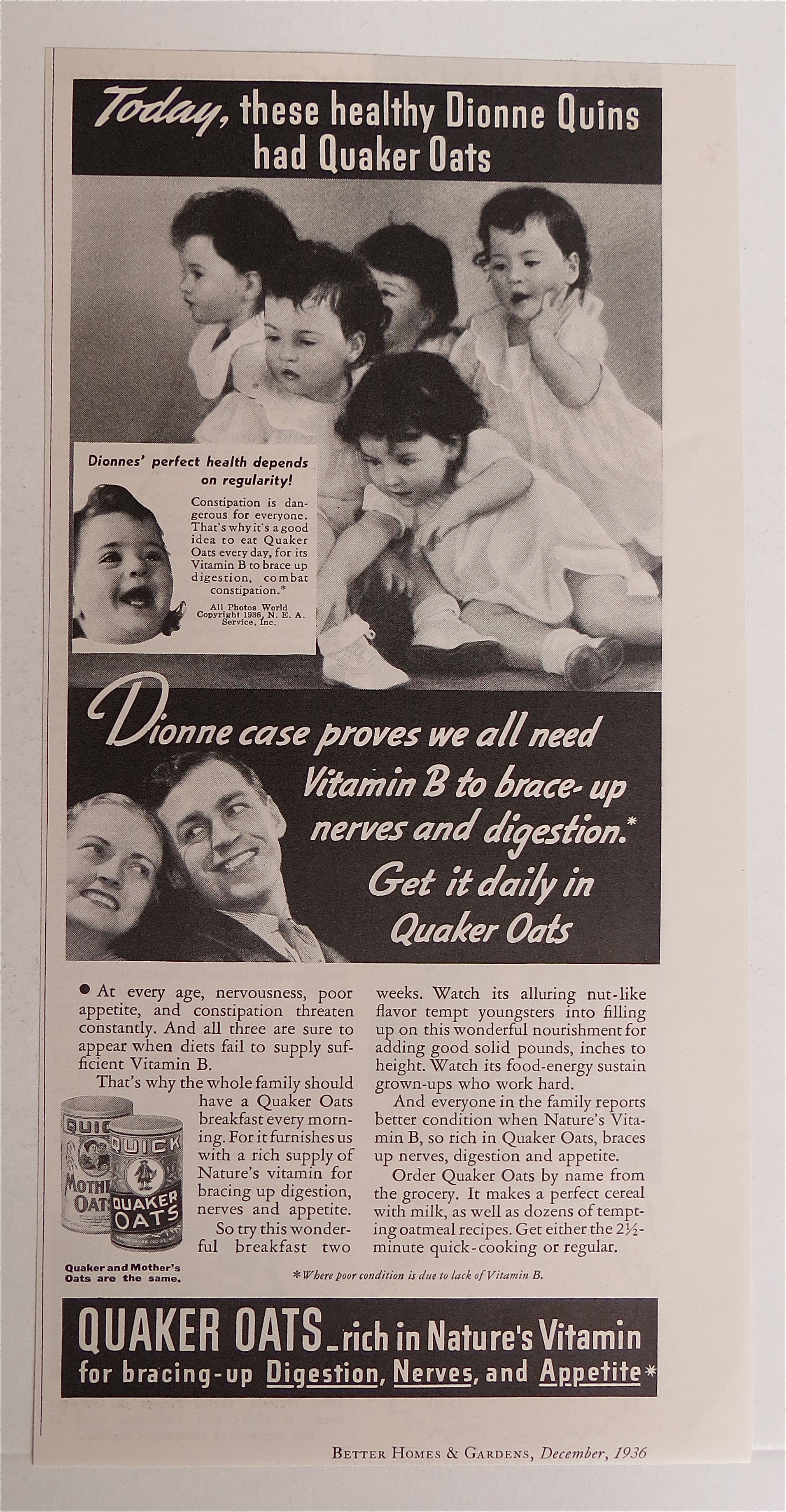 1936 Quick Quaker Oats Cereal with Dionne Quintuplets