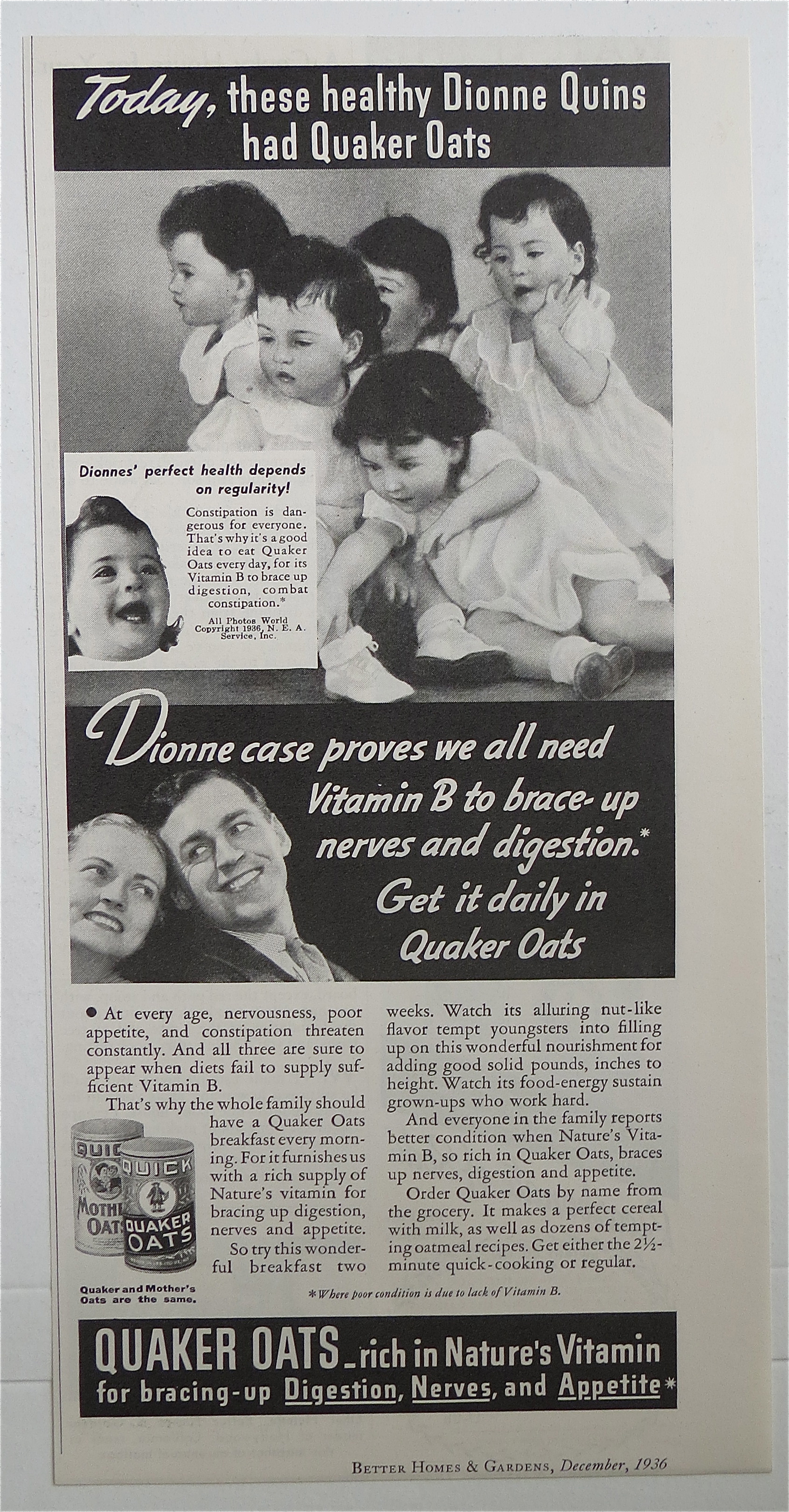 1936 Quick Quaker Oats Cereal with Dionne Quintuplets