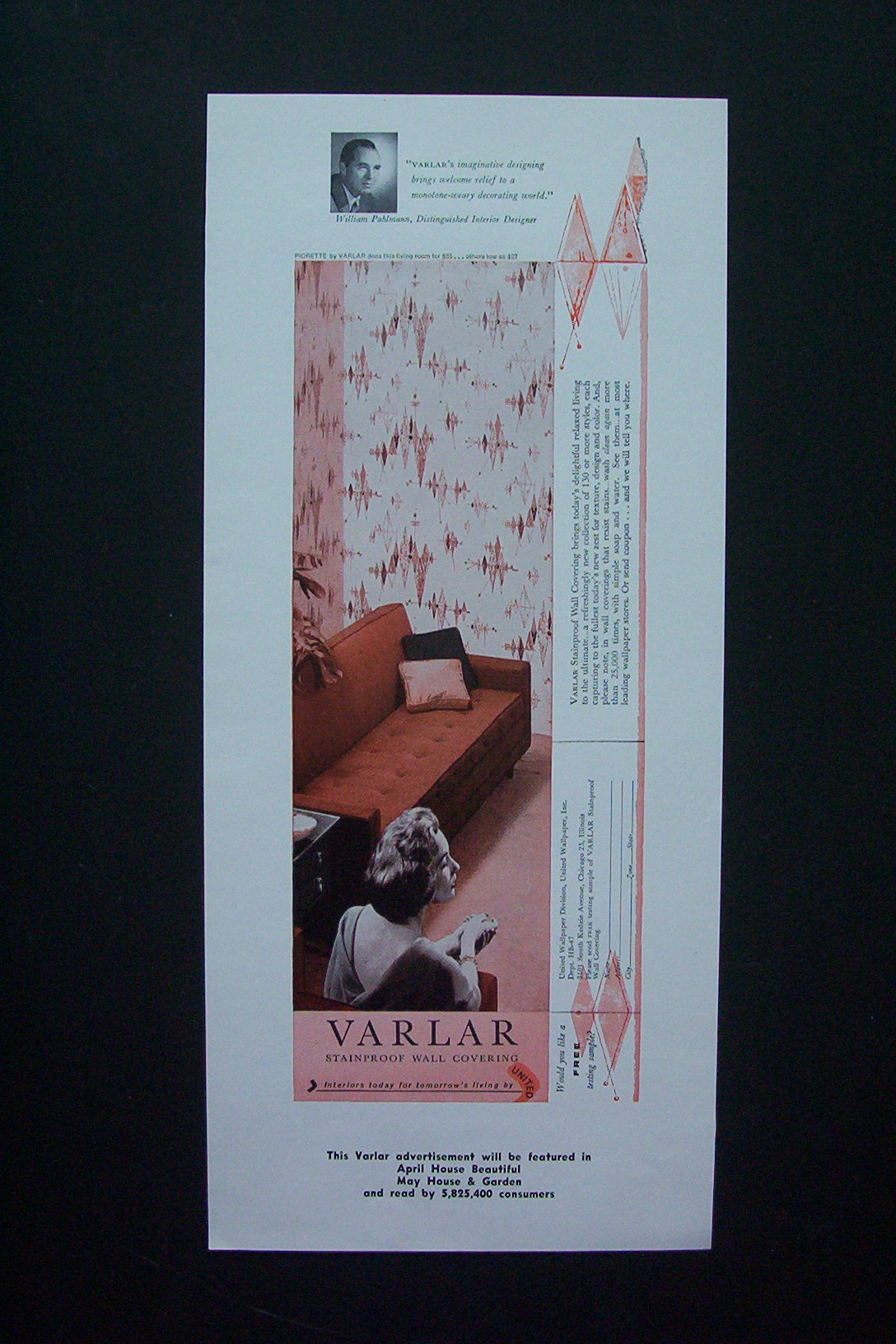 1955 Varlar Stainproof Wall Covering w/ Woman Sitting