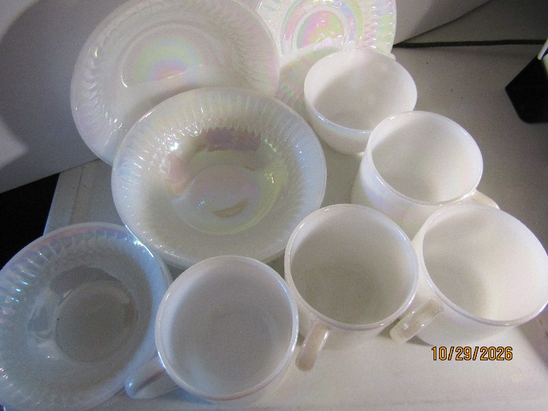 Vintage Anchor Hocking Fire-King Iridescent White Lusterware Milk Glass Mugs, Bowls & Saucers Set
