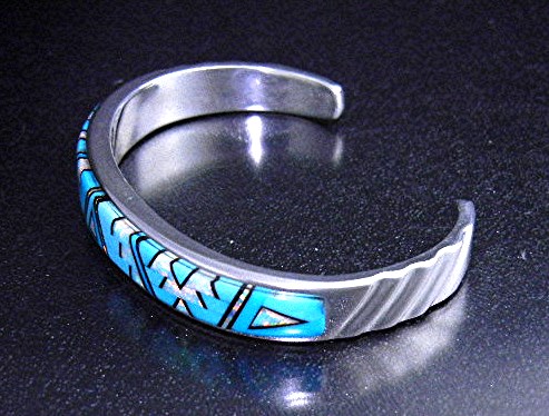 Calvin Begay Turquoise Opal Onyx Inlay Cuff Native Amer