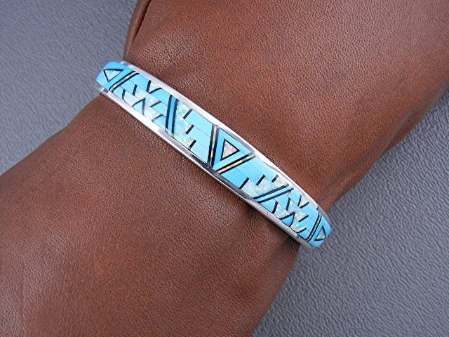 Calvin Begay Turquoise Opal Onyx Inlay Cuff Native Amer